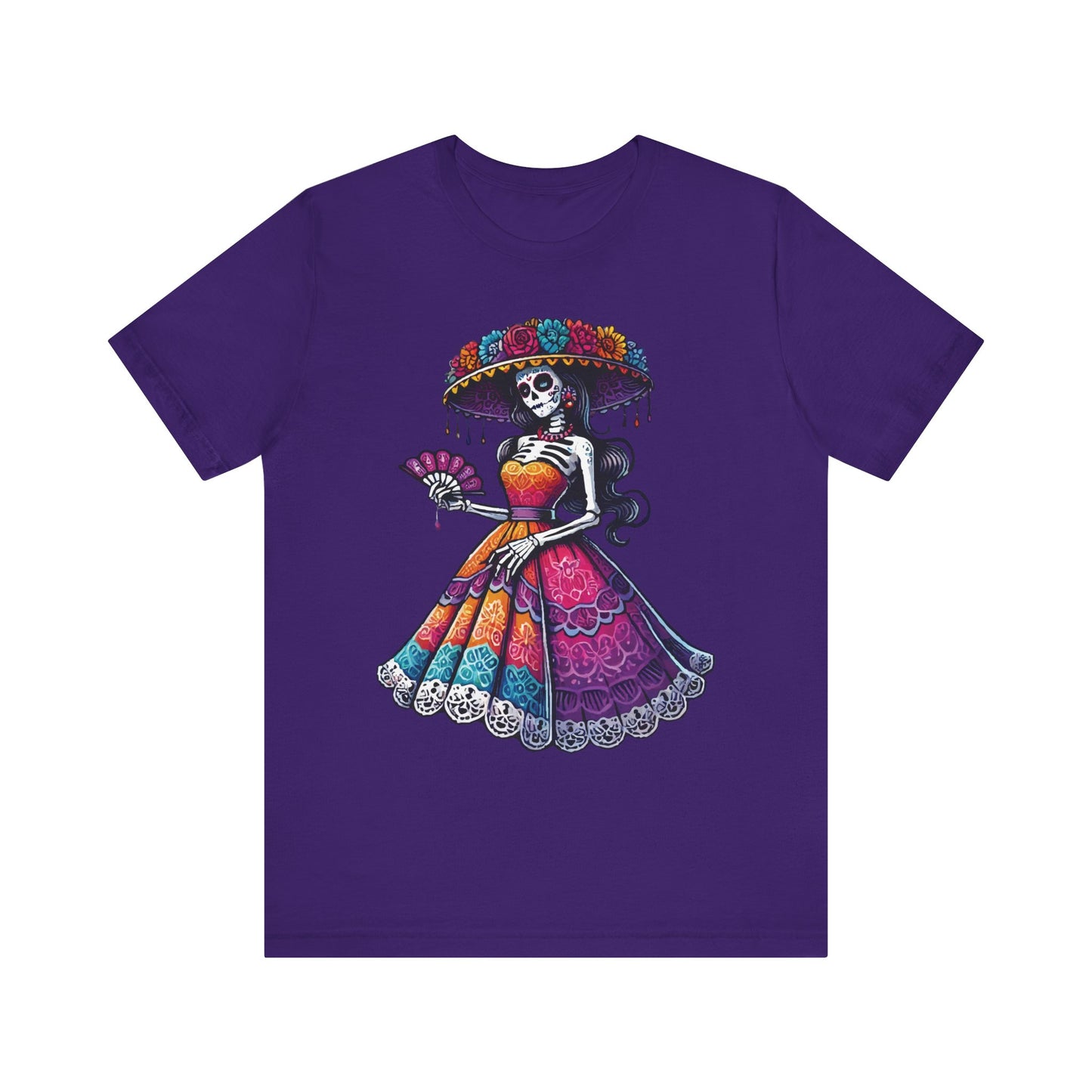 Team purple t-shirt featuring a vibrant Día de los Muertos design of La Catrina skeleton lady in a colorful traditional dress with flowered hat and fan.