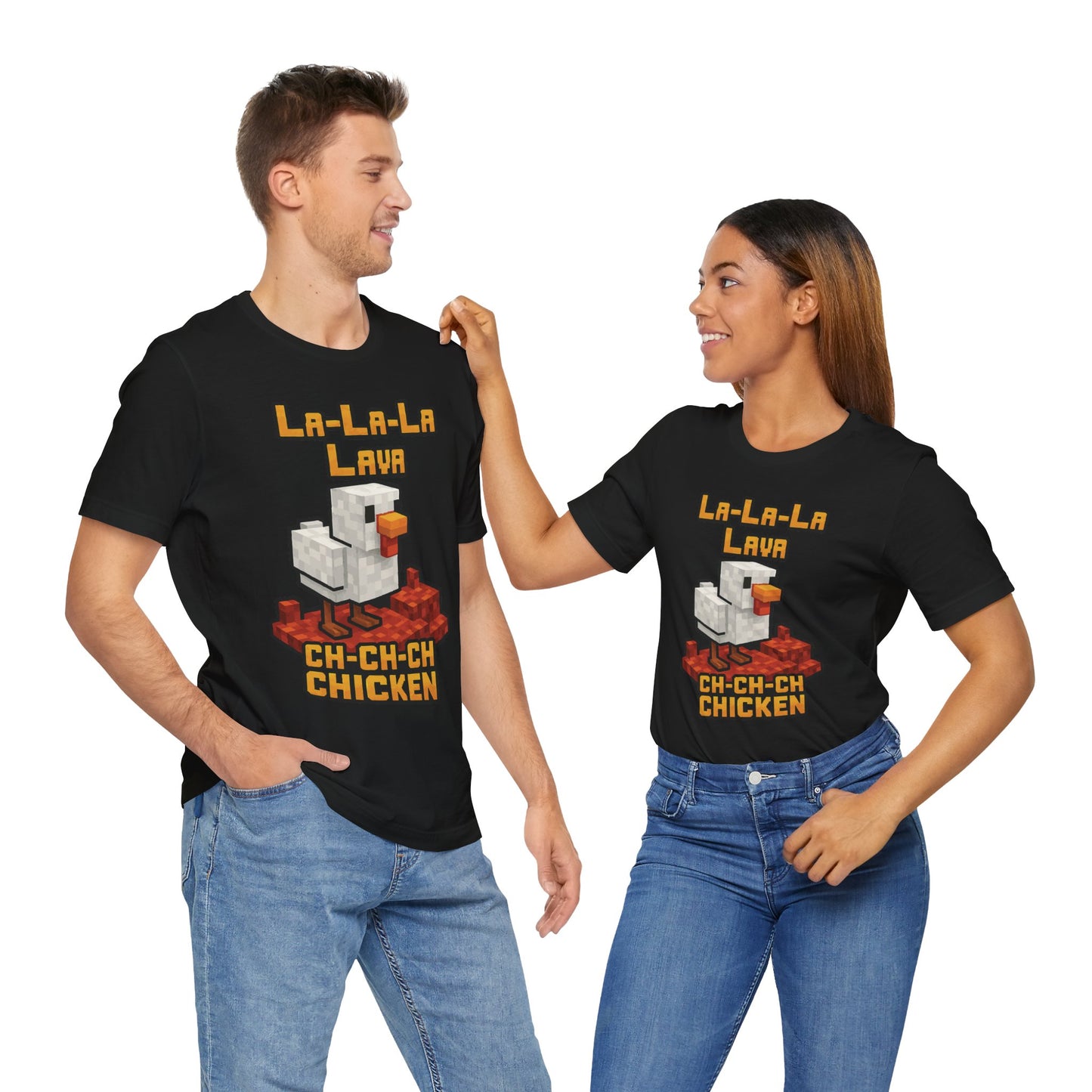 Couple Black "La-La-Lava Ch-Ch-Ch Chicken" funny pixelated chicken and lava gamer T-shirt