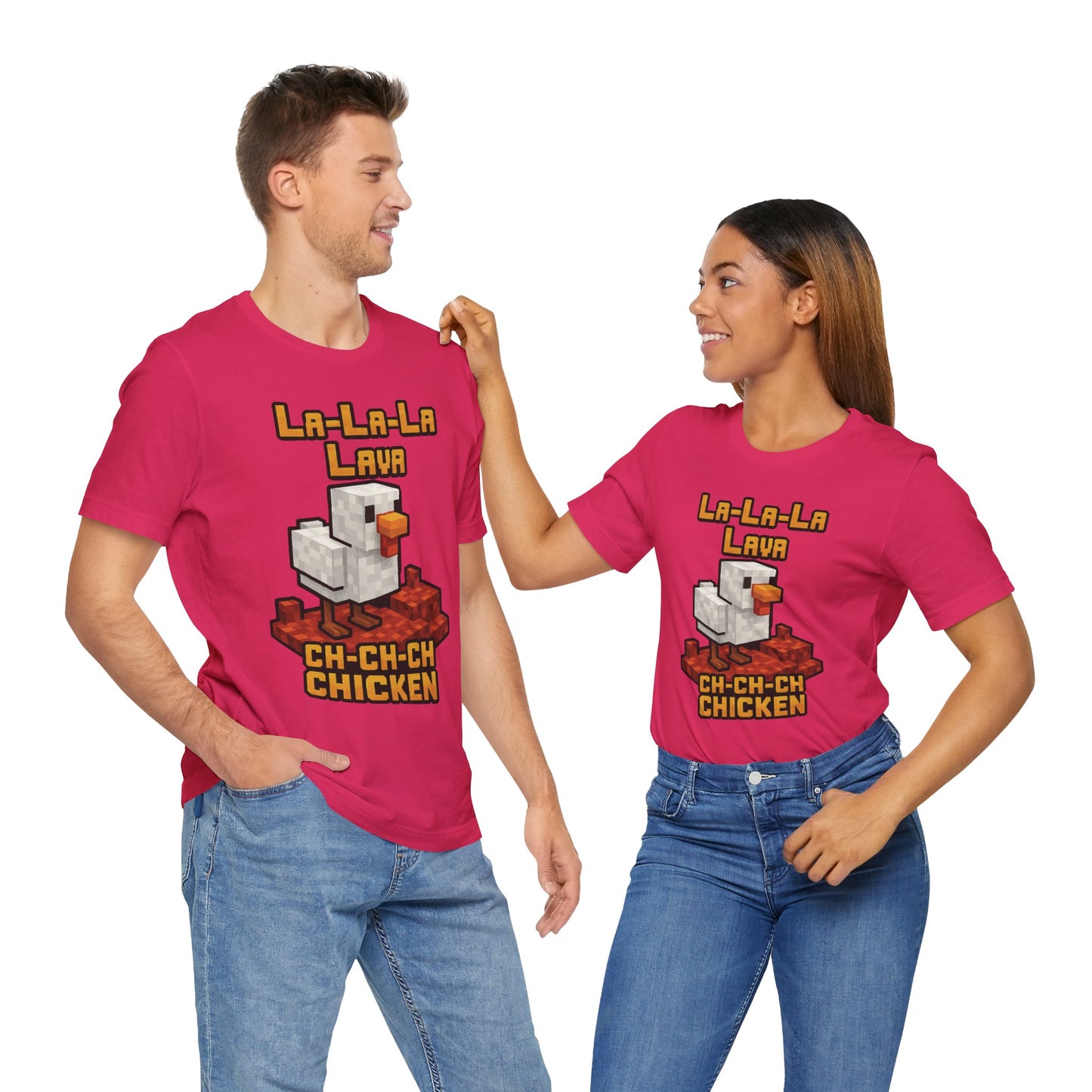 Couple Fuchsia "La-La-Lava Ch-Ch-Ch Chicken" pixelated lava chicken gaming shirt