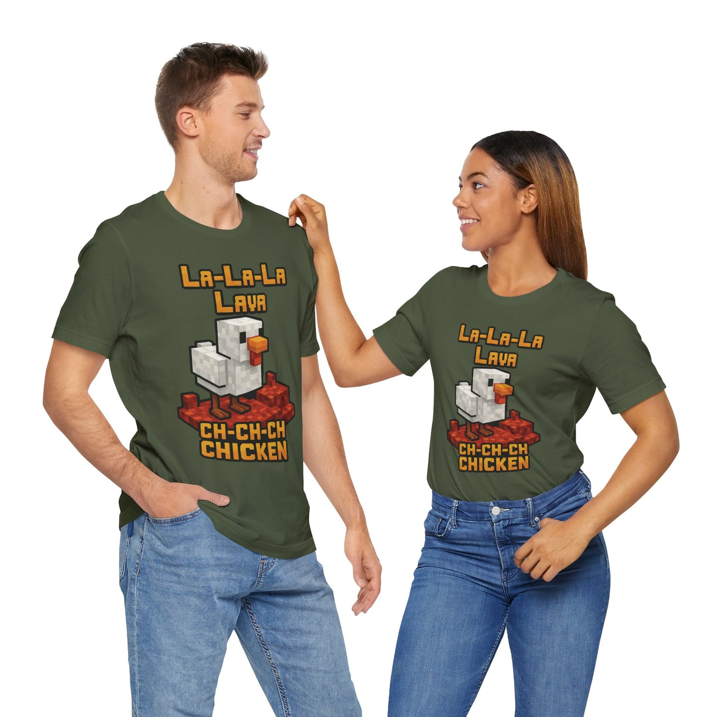 Couple Military green "La-La-Lava Ch-Ch-Ch Chicken" Minecraft-style gamer tee
