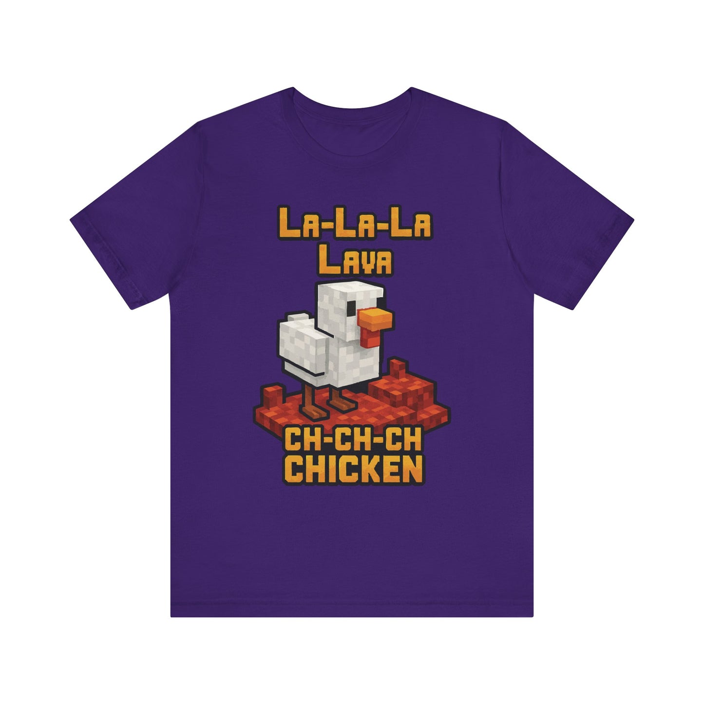 Team purple "La-La-Lava Ch-Ch-Ch Chicken" gamer tee with pixel art
