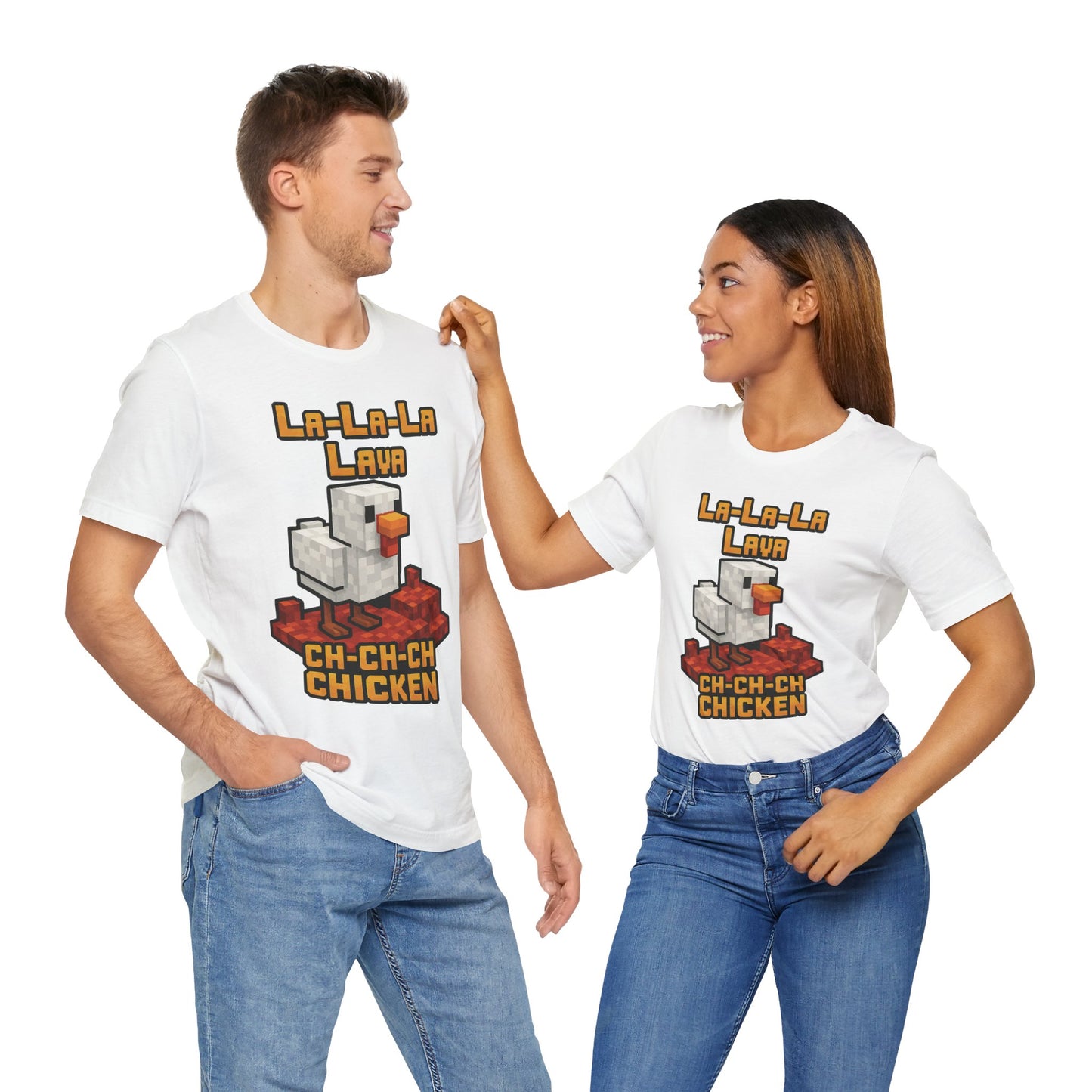 Couple White "La-La-Lava Ch-Ch-Ch Chicken" funny gaming T-shirt with lava and chicken