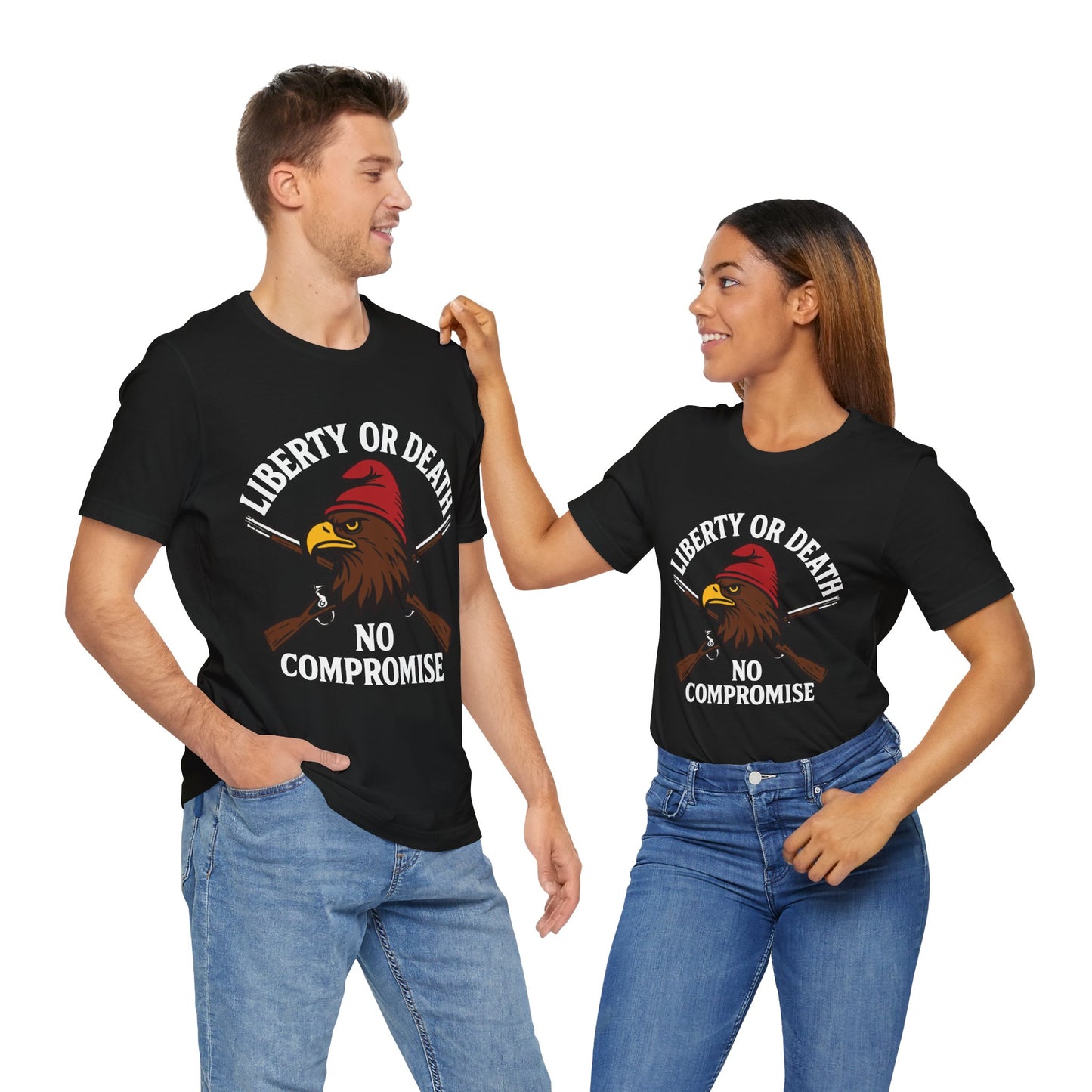 Couples Black "Liberty or Death No Compromise" patriotic eagle and rifles T-shirt
