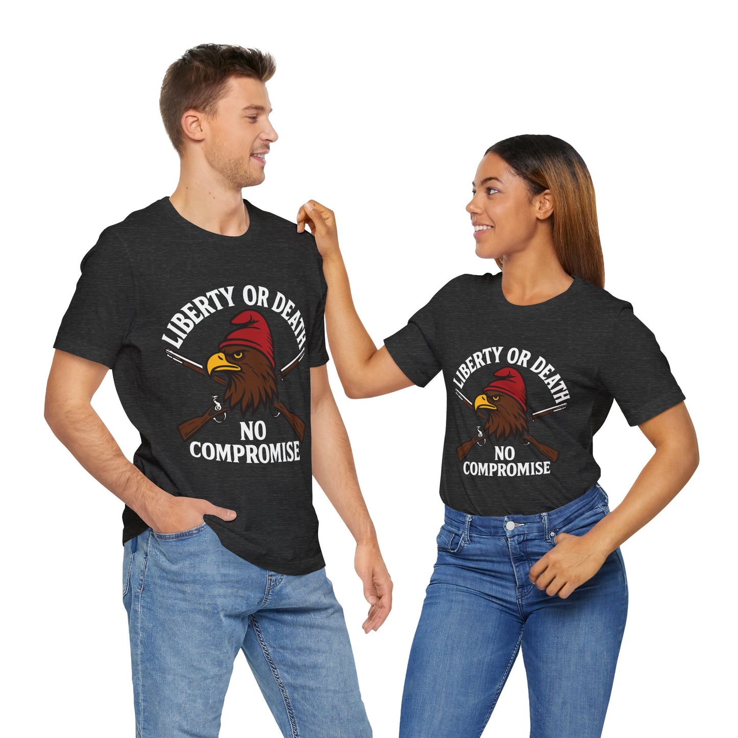 Couple Dark grey heather "Liberty or Death No Compromise" eagle & rifles patriotic T-shirt