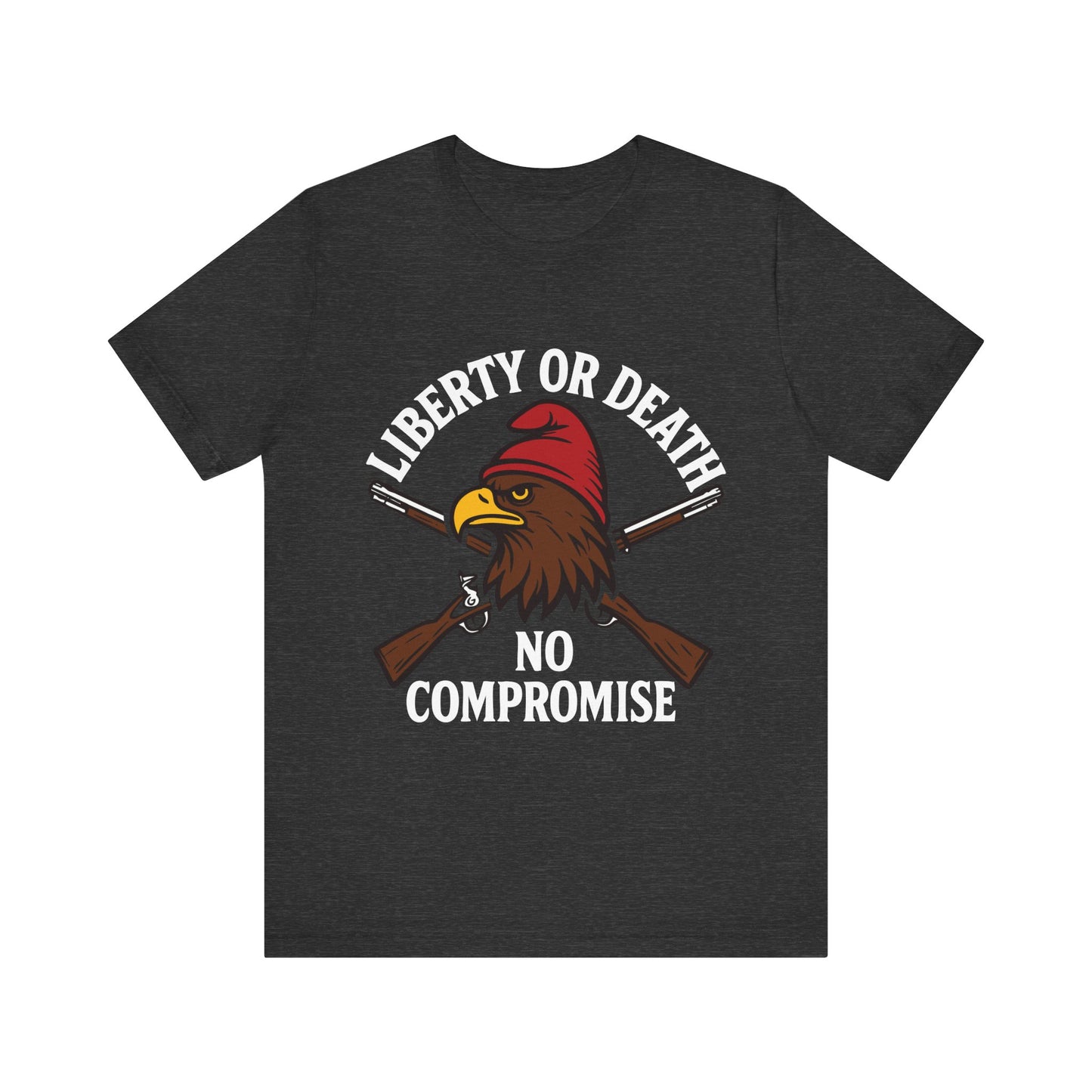 Dark grey heather "Liberty or Death No Compromise" eagle & rifles patriotic T-shirt