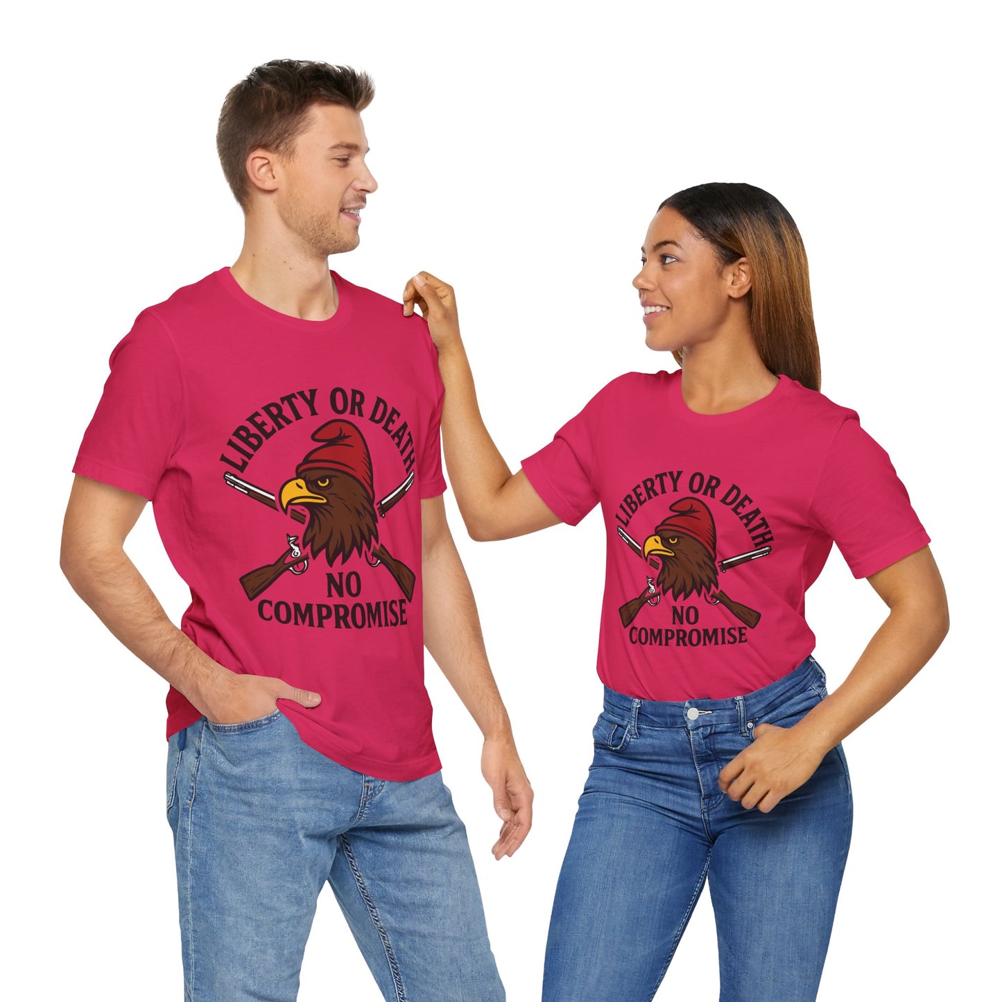 Couple Fuchsia "Liberty or Death No Compromise" eagle and rifles patriotic T-shirt