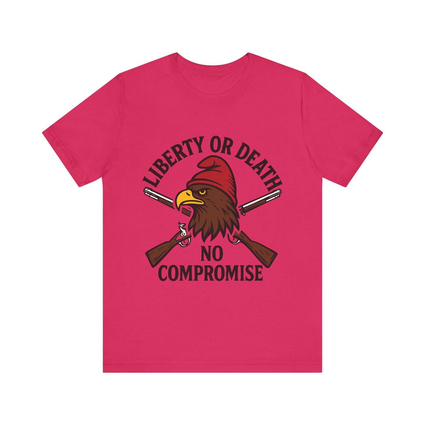 Fuchsia "Liberty or Death No Compromise" eagle and rifles patriotic T-shirt