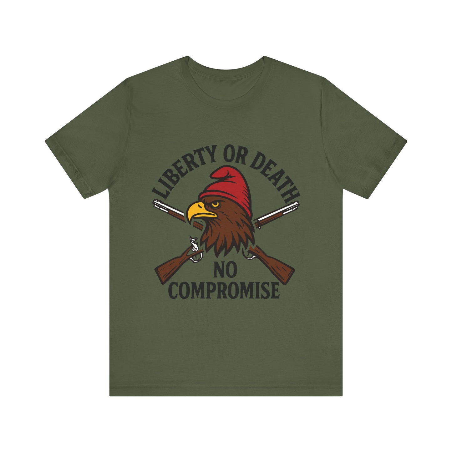 Military green "Liberty or Death No Compromise" patriotic eagle and rifles T-shirt