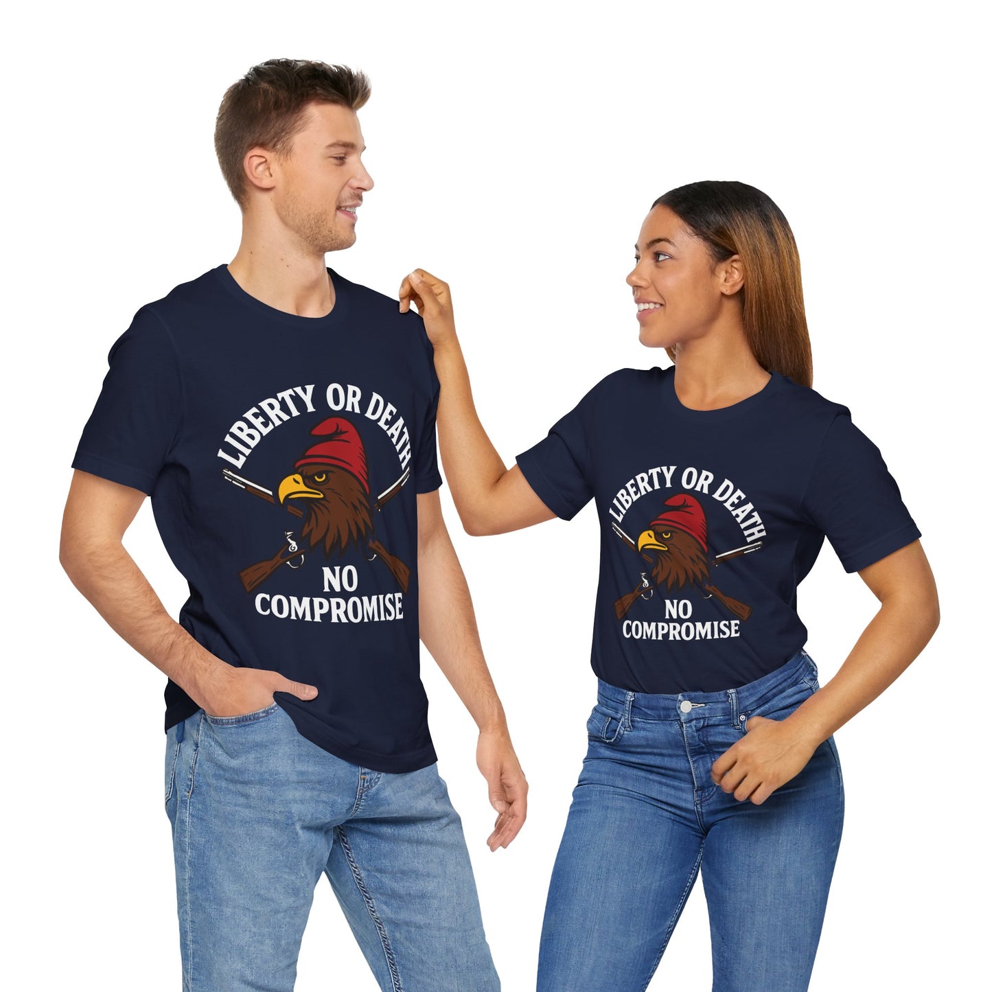 Couple Navy "Liberty or Death No Compromise" patriotic eagle and rifles T-shirt