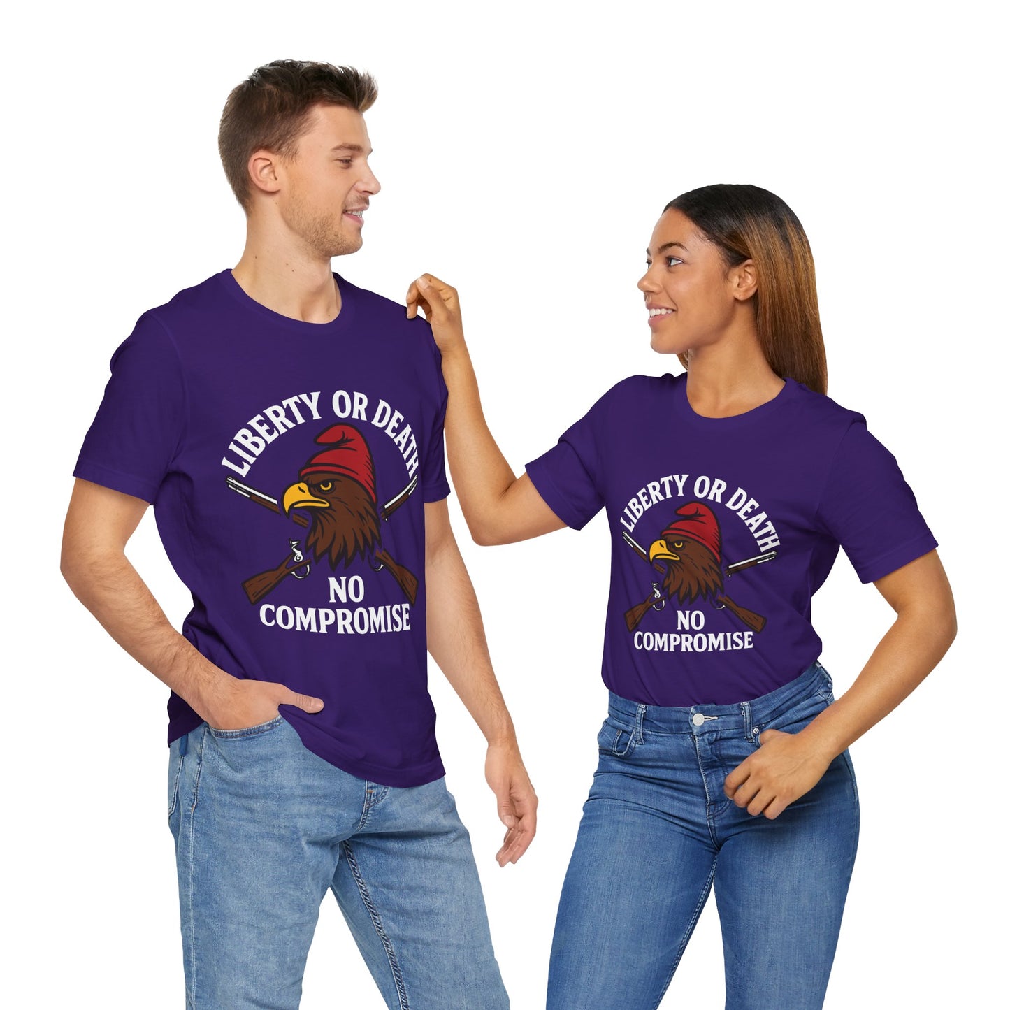 Couple Team purple "Liberty or Death No Compromise" eagle and rifles T-shirt