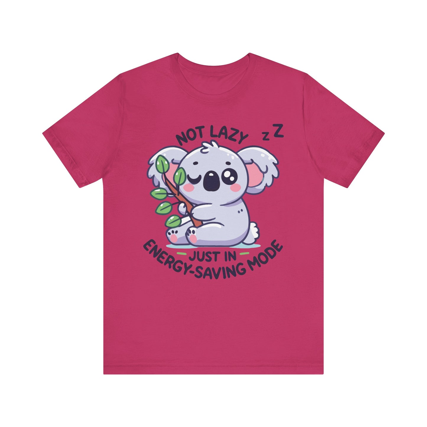 Berry t-shirt with a kawaii grey koala hugging a branch, paired with the quote “Not Lazy, Just in Energy-Saving Mode.”