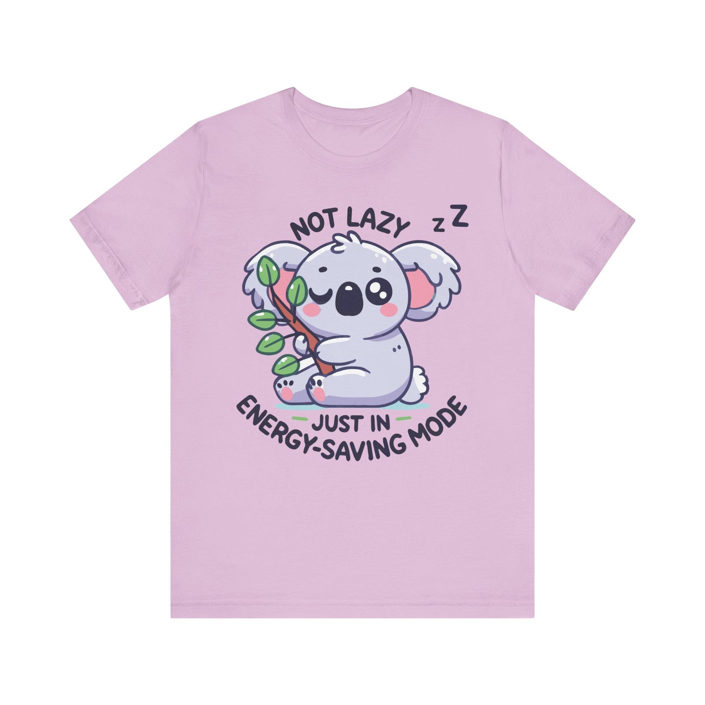 Lilac t-shirt featuring a cute cartoon koala holding eucalyptus leaves with the phrase “Not Lazy, Just in Energy-Saving Mode” and a small "Zz" above its head.