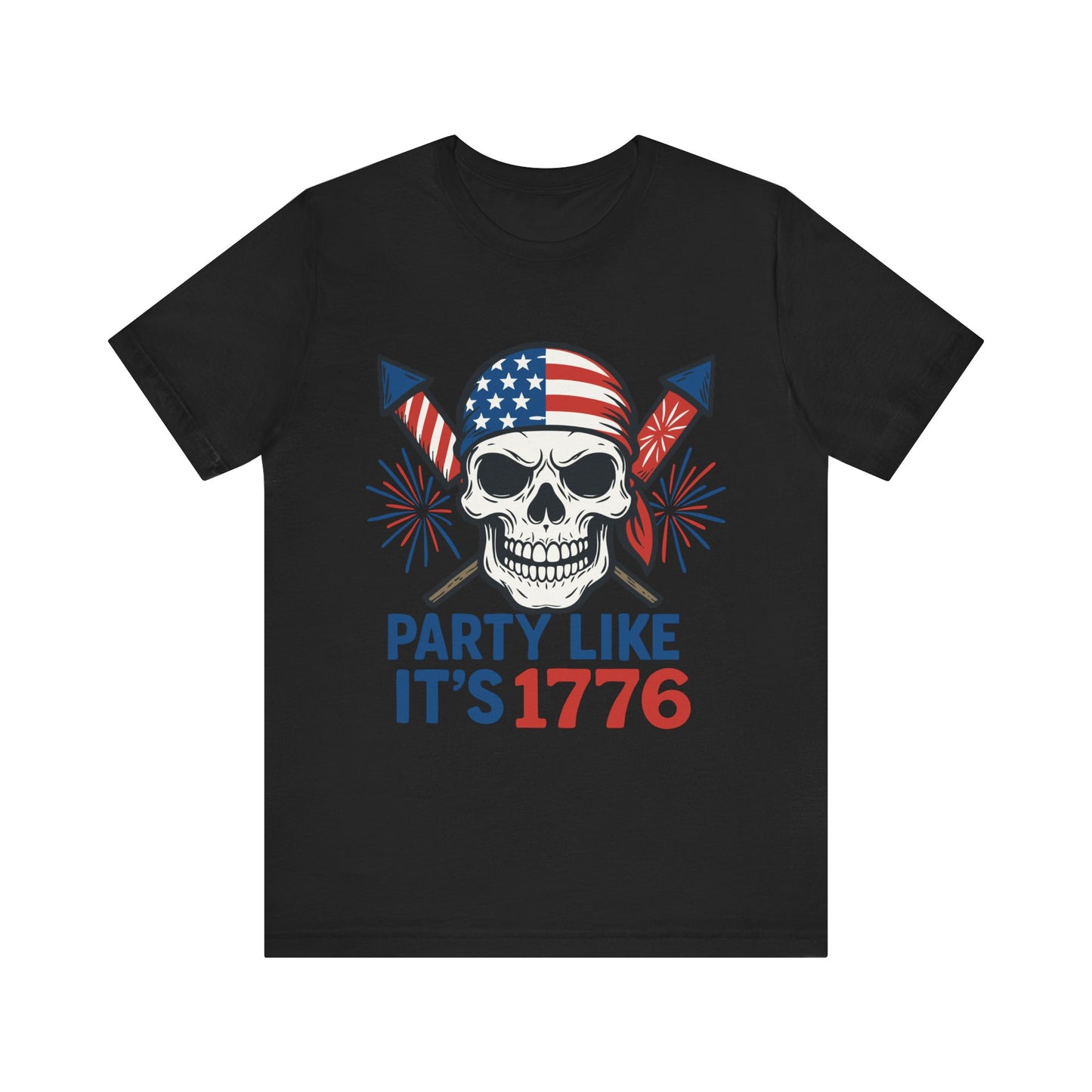 Black "Party Like It’s 1776" patriotic skull T-shirt with American flag bandana and fireworks graphic