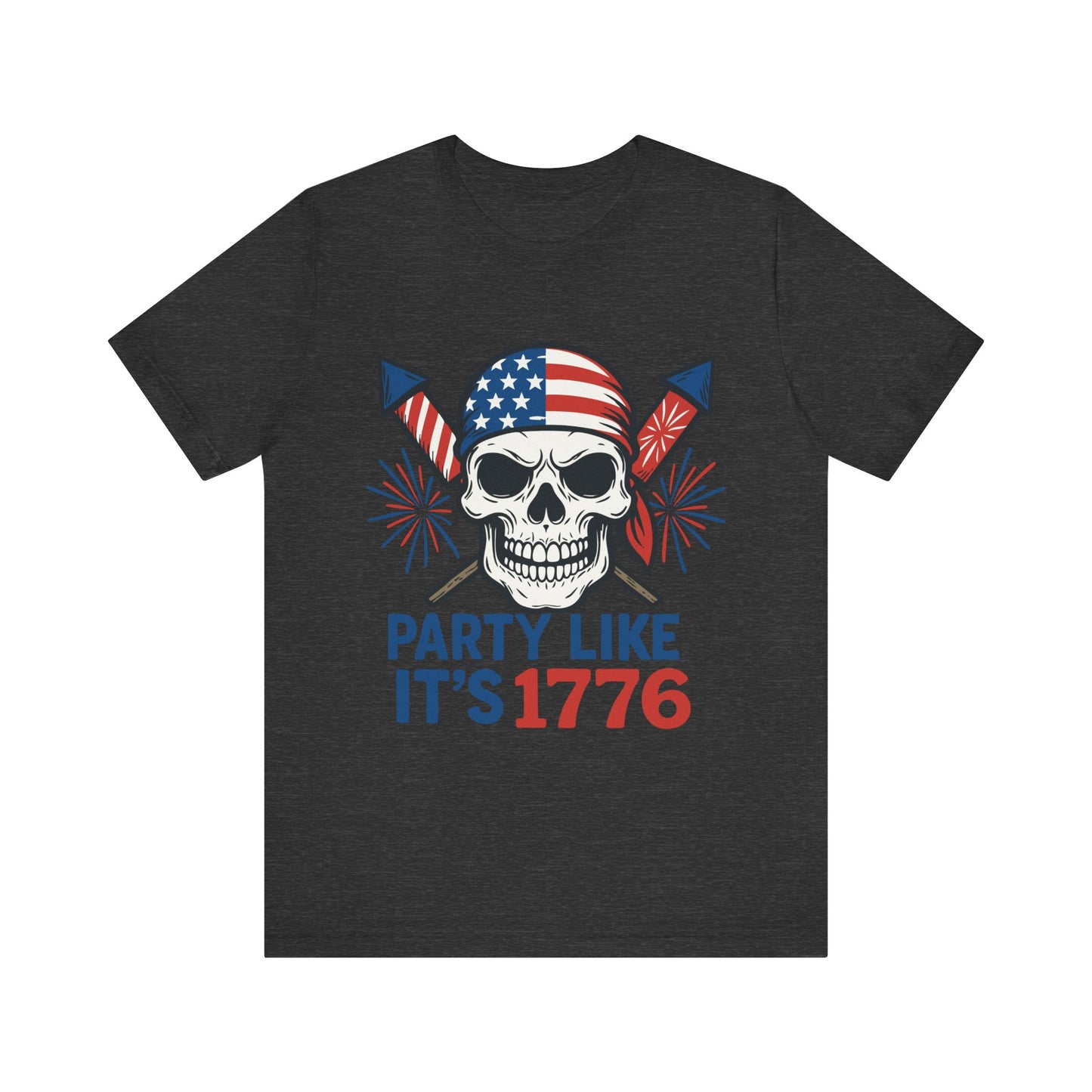 Dark grey heather "Party Like It’s 1776" skull 4th of July T-shirt with American flag and fireworks