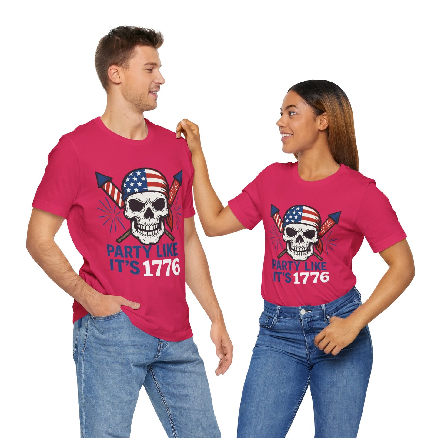 Couple Fuchsia "Party Like It’s 1776" patriotic skull T-shirt with American flag bandana and fireworks design