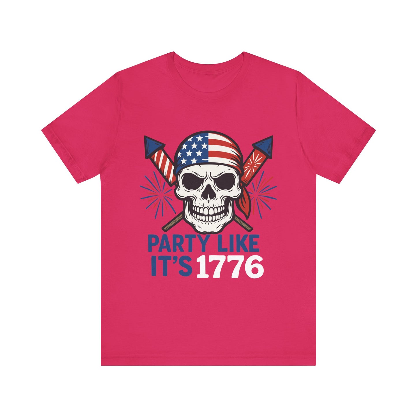 Fuchsia "Party Like It’s 1776" patriotic skull T-shirt with American flag bandana and fireworks design
