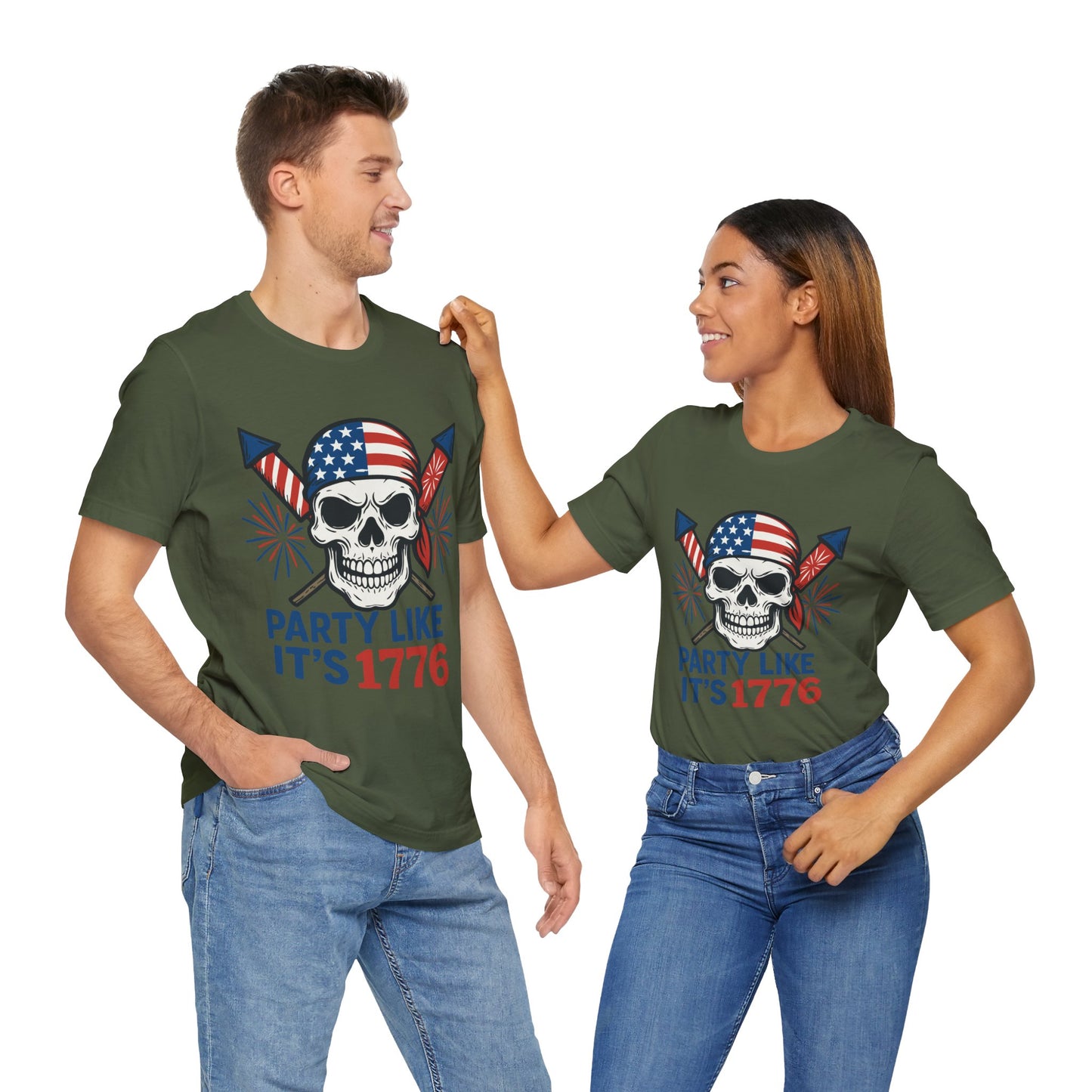 Couple Military green "Party Like It’s 1776" skull T-shirt with American flag bandana and fireworks graphic