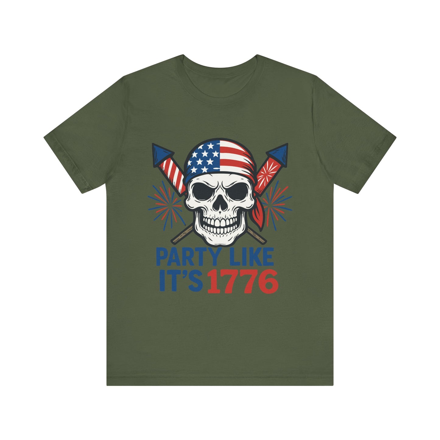 Military green "Party Like It’s 1776" skull T-shirt with American flag bandana and fireworks graphic