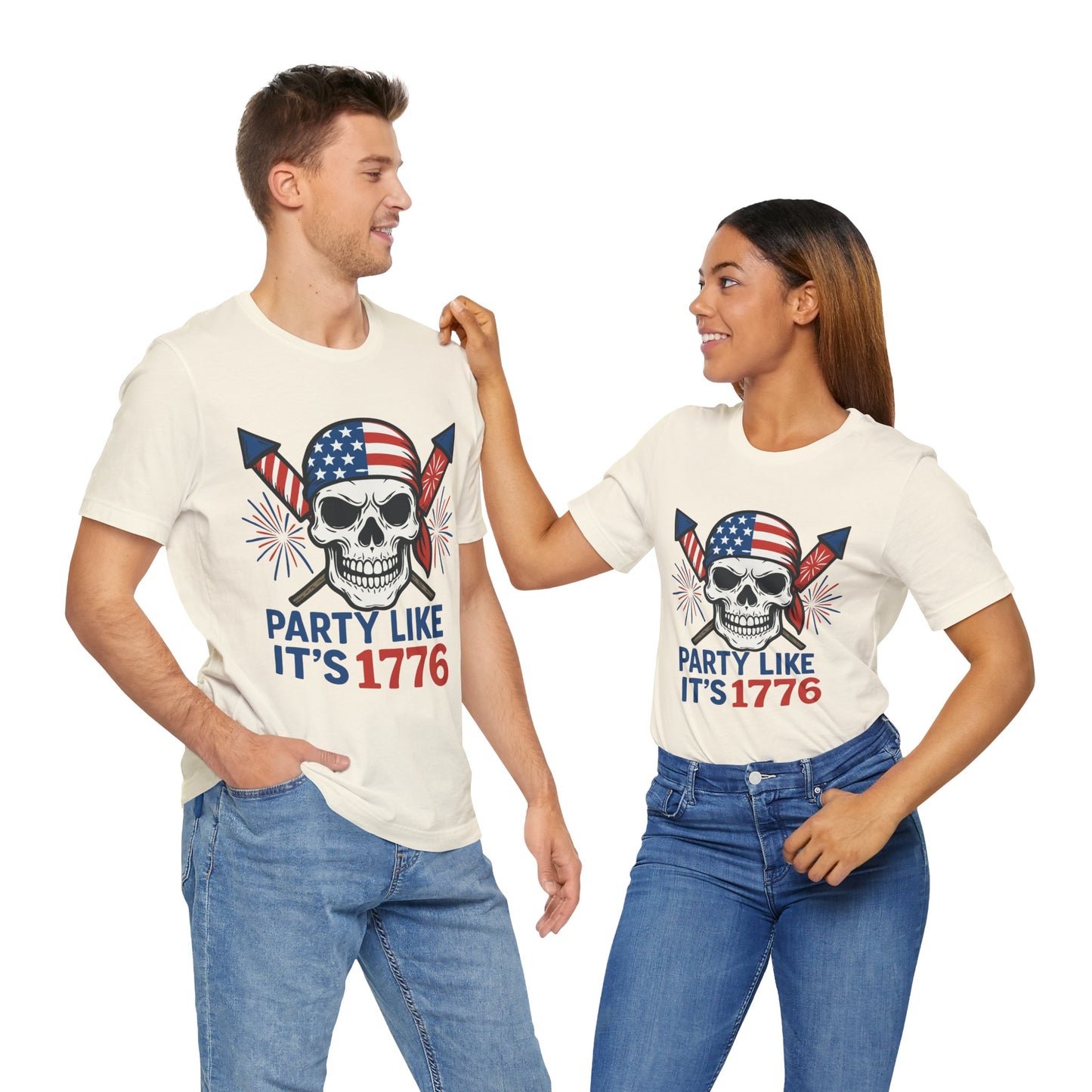 Couple Natural color "Party Like It’s 1776" patriotic skull T-shirt with American flag bandana and fireworks