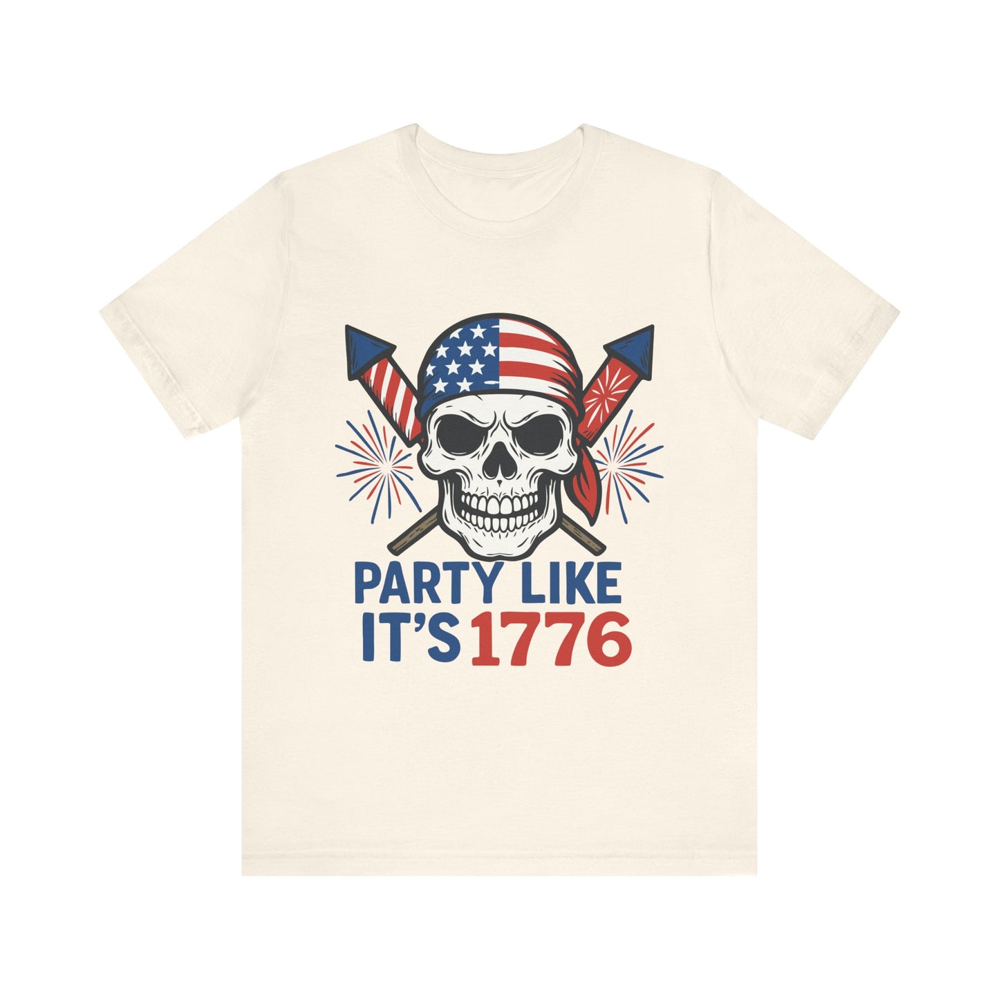 Natural color "Party Like It’s 1776" patriotic skull T-shirt with American flag bandana and fireworks