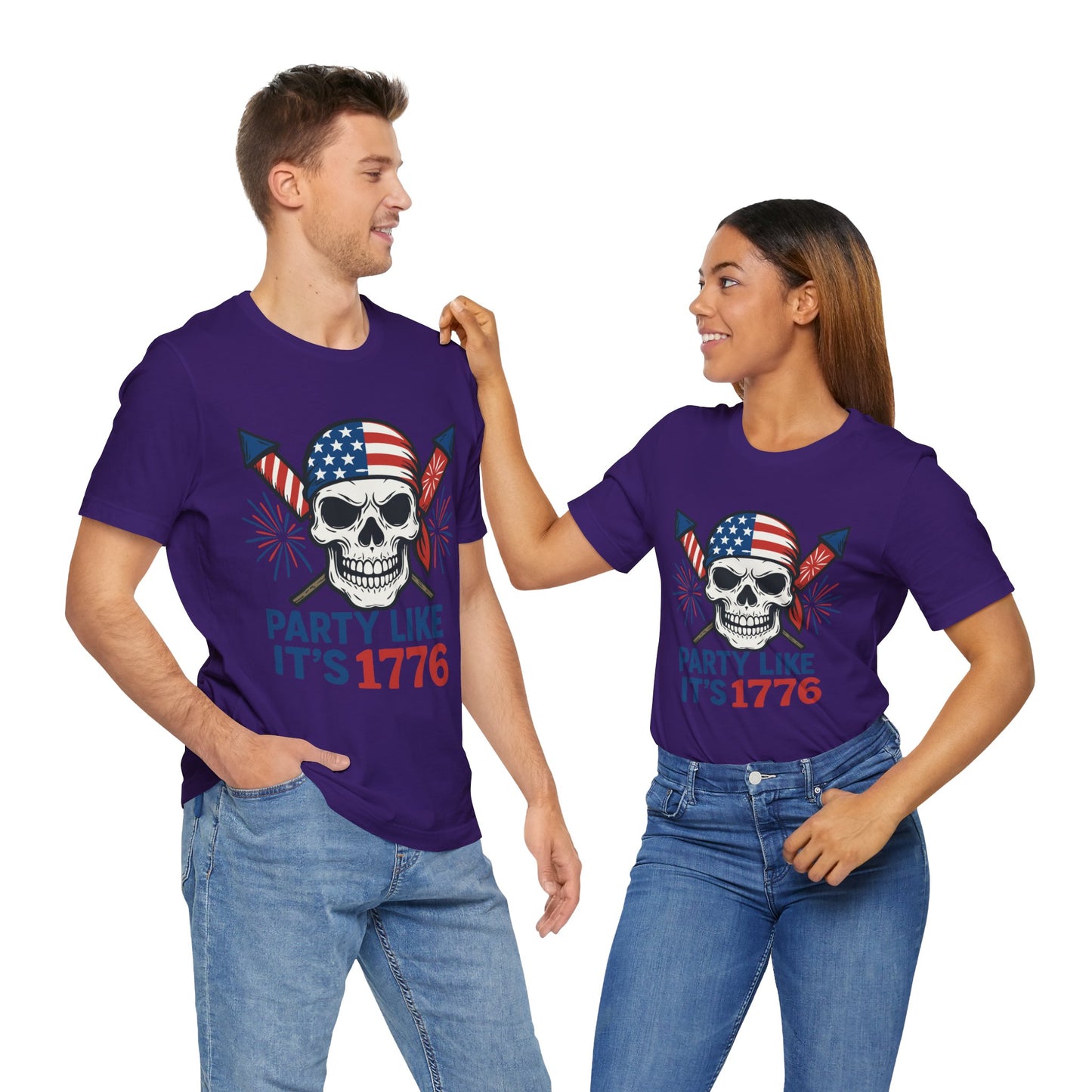 Couple Team purple "Party Like It’s 1776" skull T-shirt with American flag bandana and fireworks graphic