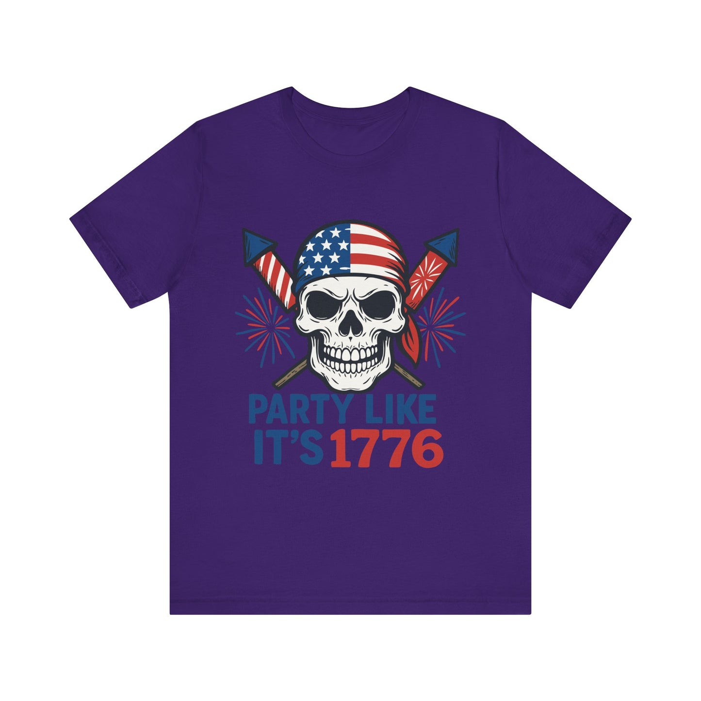 Team purple "Party Like It’s 1776" skull T-shirt with American flag bandana and fireworks graphic