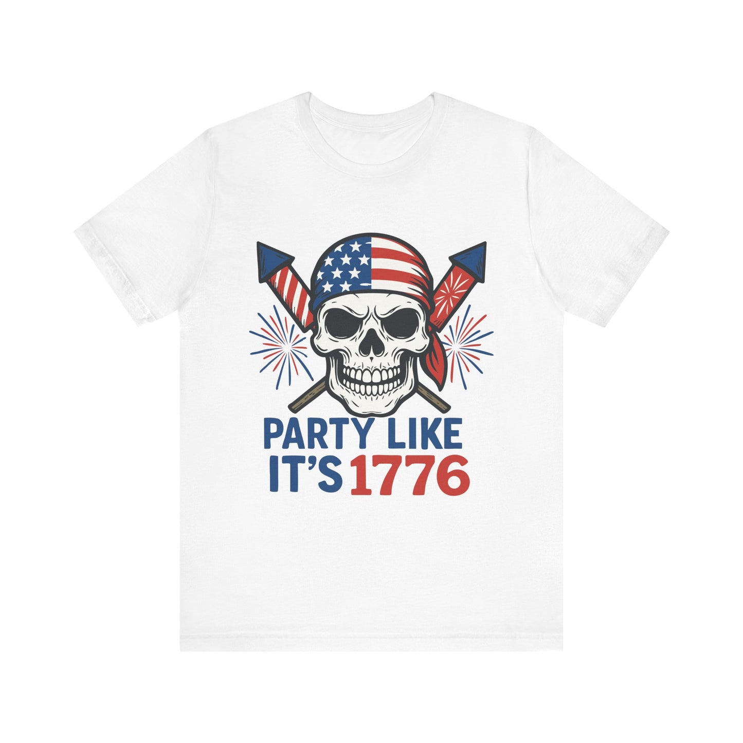 White "Party Like It’s 1776" patriotic skull T-shirt with American flag bandana and fireworks design