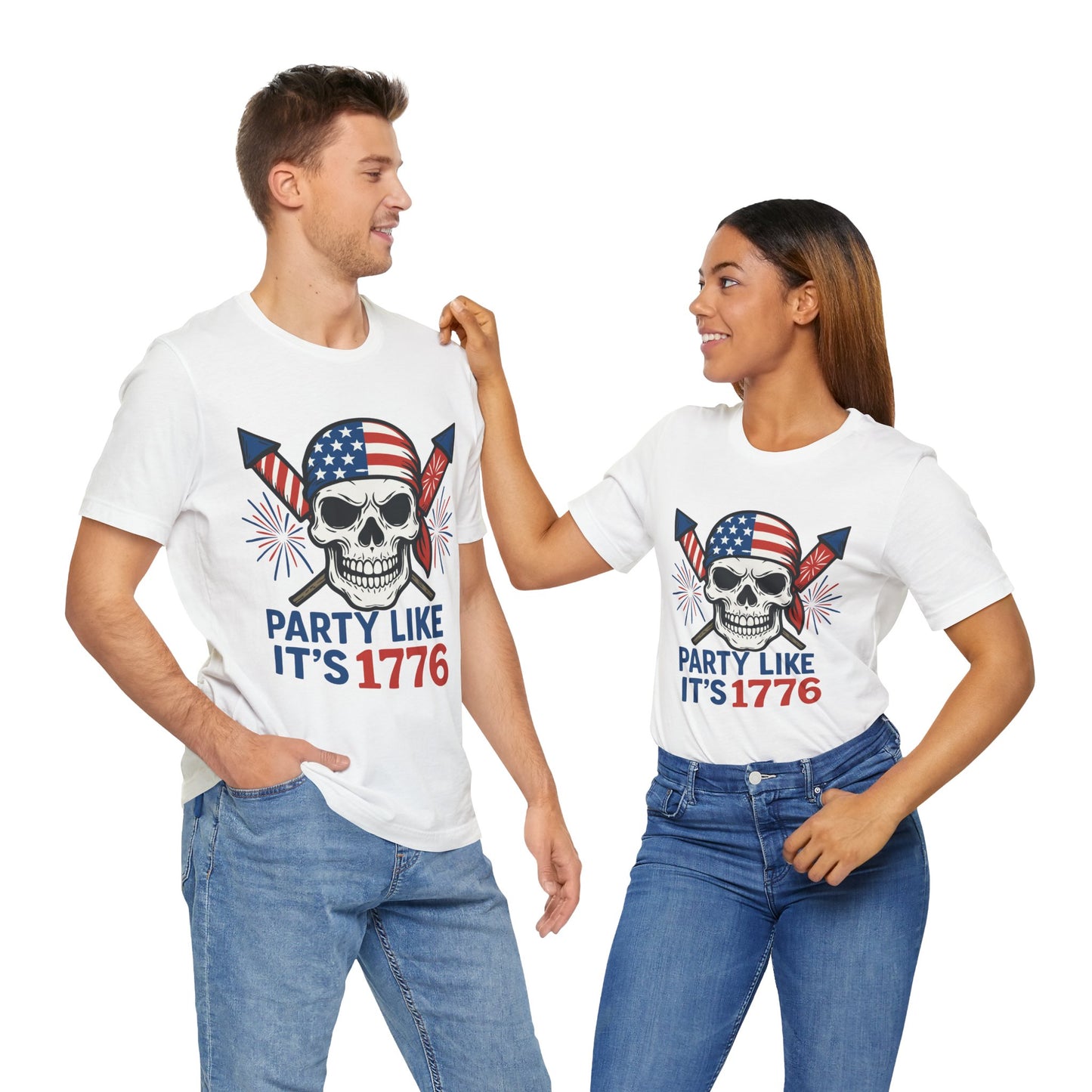 Couple White "Party Like It’s 1776" patriotic skull T-shirt with American flag bandana and fireworks design