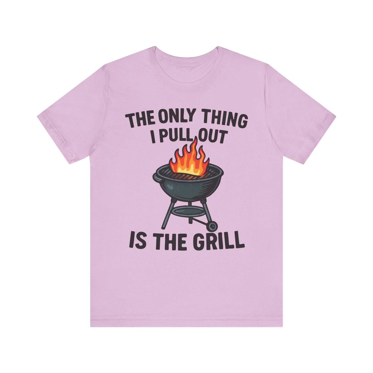 Lilac t-shirt with a flaming grill graphic and the funny phrase "The Only Thing I Pull Out Is the Grill" in bold white text.