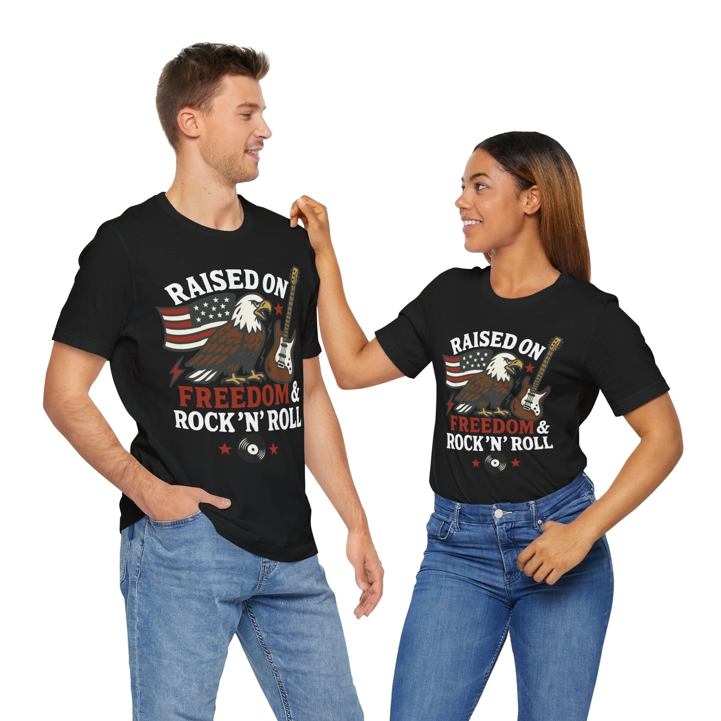 Couple Black "Raised on Freedom & Rock ’N’ Roll" patriotic eagle and guitar T-shirt