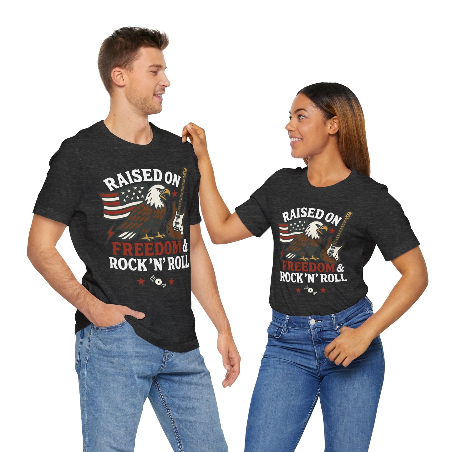 Couple Dark grey heather "Raised on Freedom & Rock ’N’ Roll" eagle & guitar T-shirt