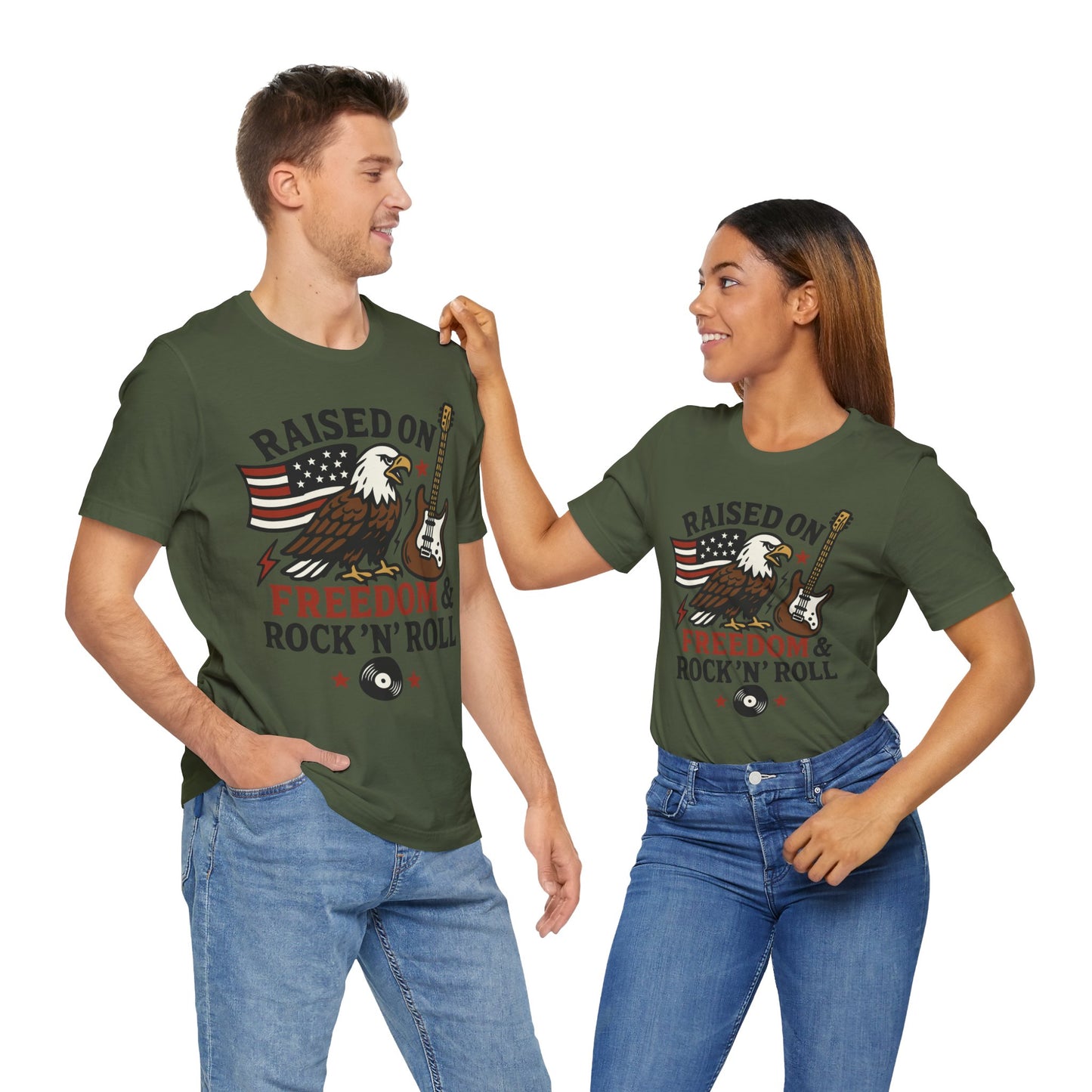 Couple Military green "Raised on Freedom & Rock ’N’ Roll" eagle & guitar patriotic T-shirt