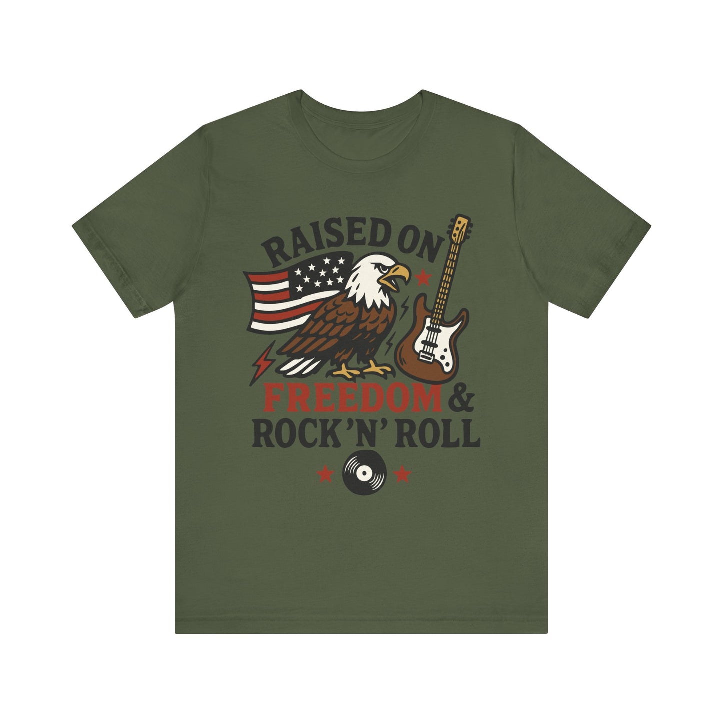 Military green "Raised on Freedom & Rock ’N’ Roll" eagle & guitar patriotic T-shirt