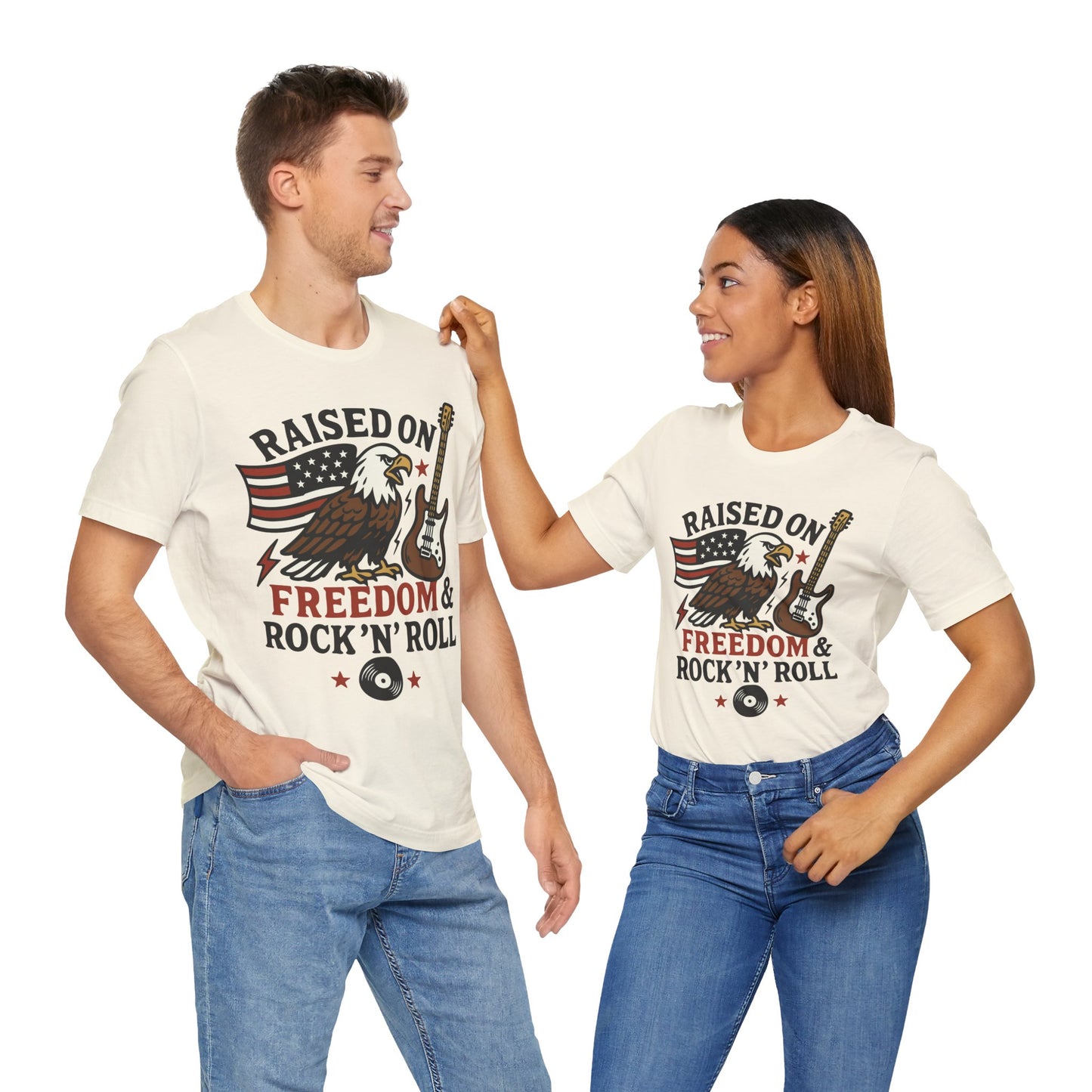 Couple Natural color "Raised on Freedom & Rock ’N’ Roll" patriotic eagle T-shirt