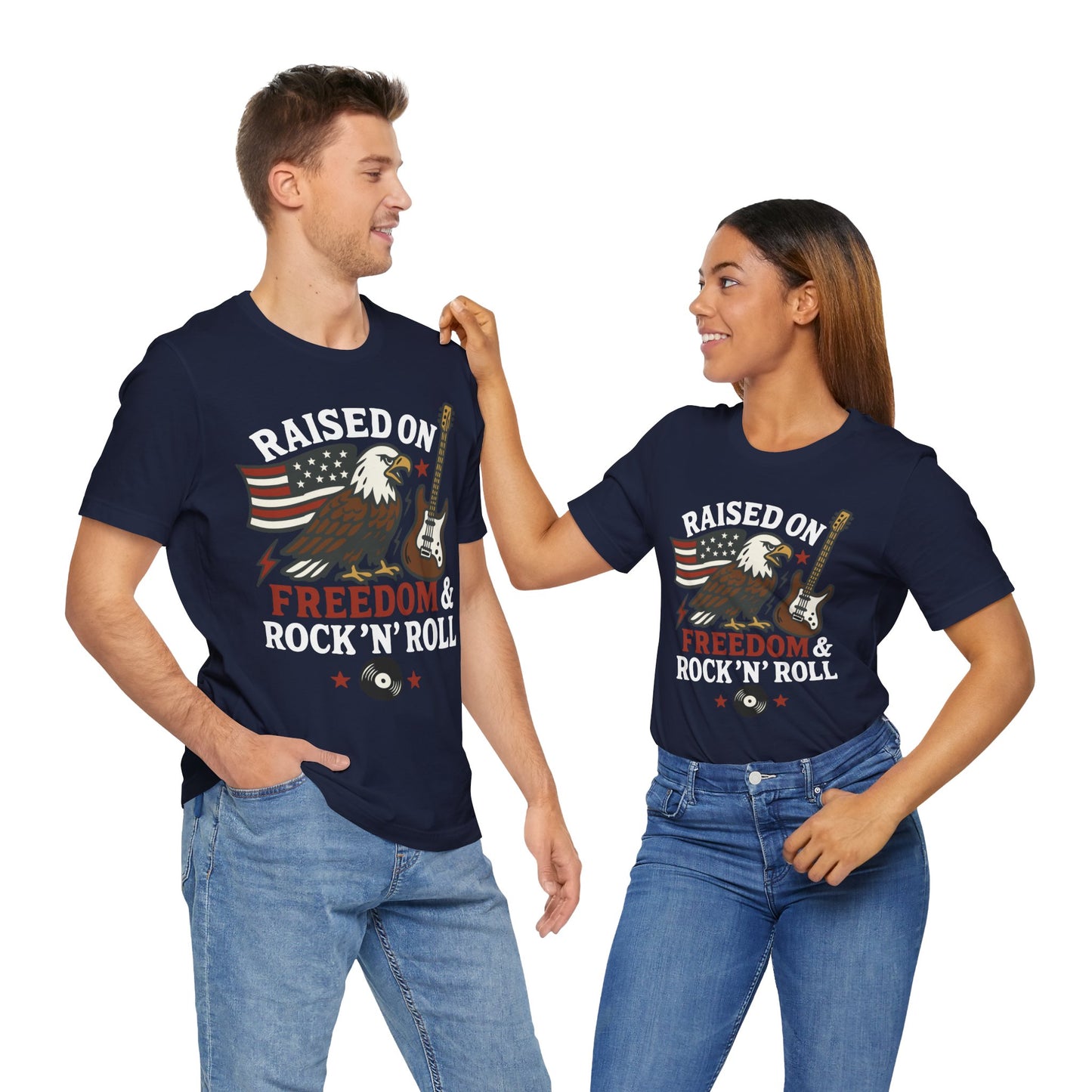 Couple Navy "Raised on Freedom & Rock ’N’ Roll" eagle & guitar T-shirt