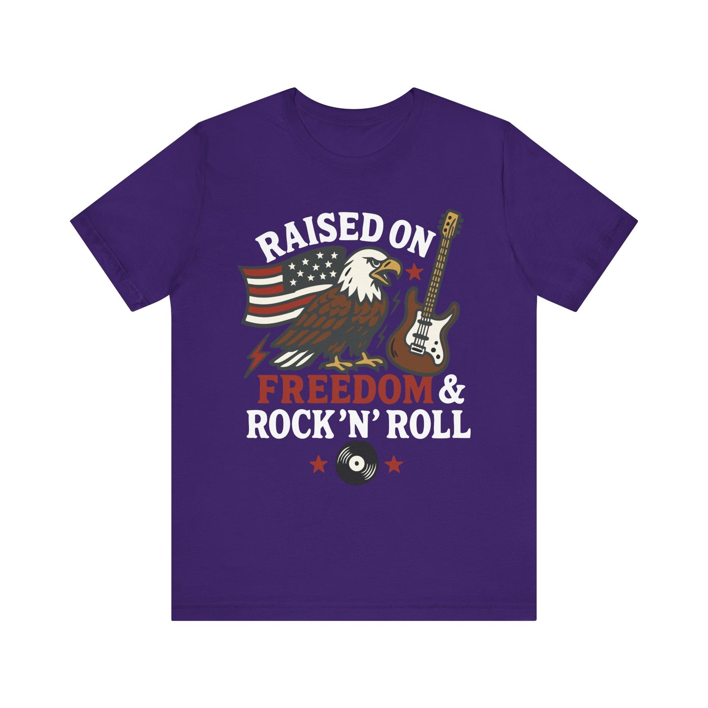 Team purple "Raised on Freedom & Rock ’N’ Roll" eagle & guitar patriotic T-shirt