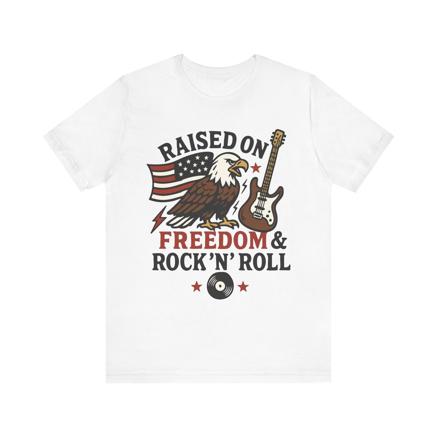 White "Raised on Freedom & Rock ’N’ Roll" patriotic eagle & guitar T-shirt