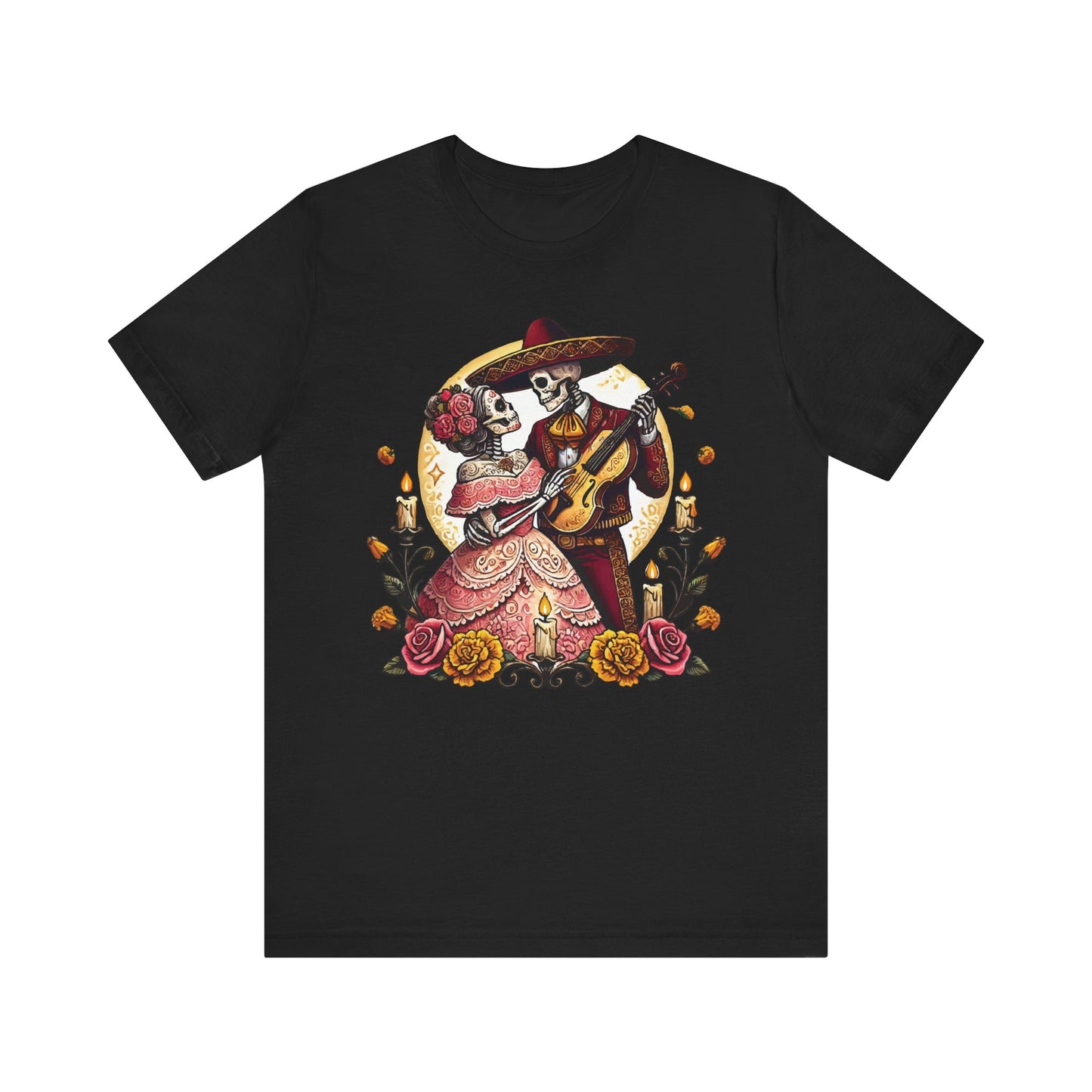 Black t-shirt with a romantic Día de los Muertos sugar skull couple — elegant lady in red dress and mariachi skeleton man playing guitar, with marigolds and candlelit moon background.