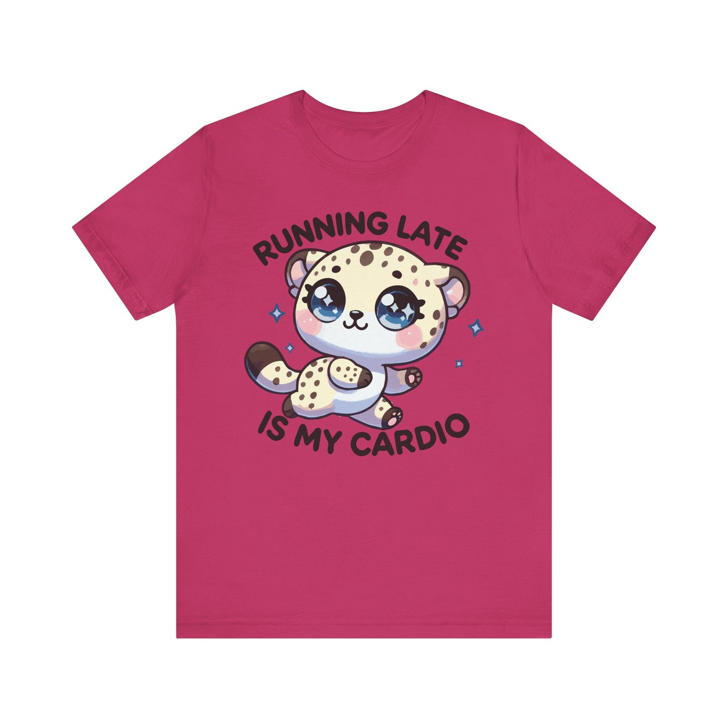 Berry t-shirt featuring an adorable cartoon leopard and the text "Running Late Is My Cardio" with sparkling accents.
