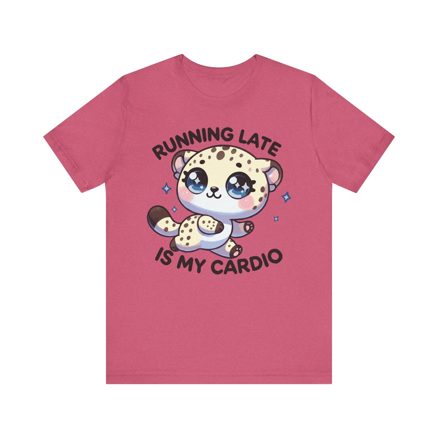 Heather raspberry t-shirt with a cute running leopard illustration and the quote "Running Late Is My Cardio" in fun, bold font.