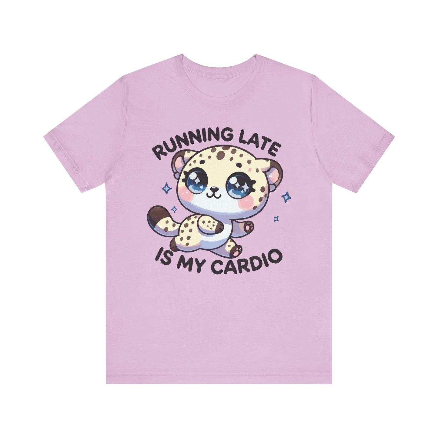 Lilac t-shirt featuring a cute cartoon leopard with sparkles and the text "Running Late Is My Cardio" in bold playful font.