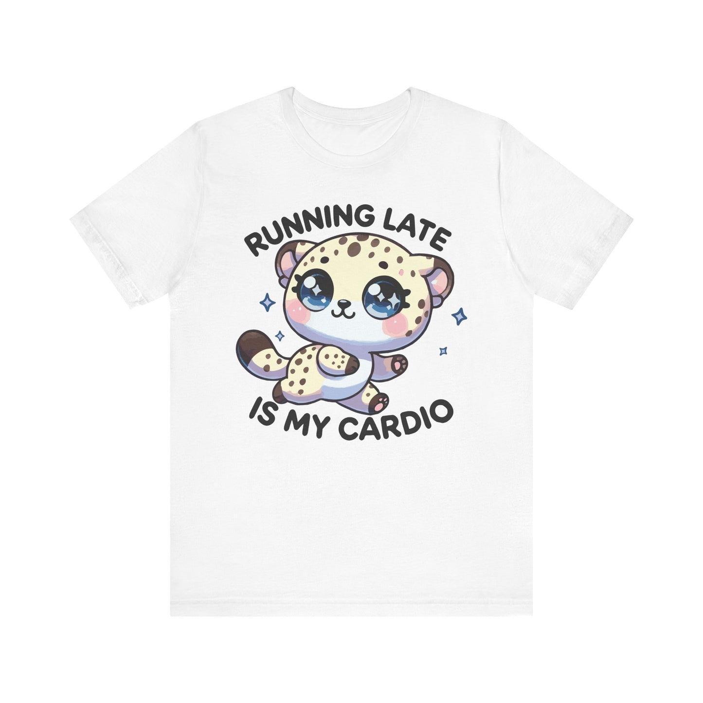 White t-shirt with a pastel cartoon leopard and the phrase "Running Late Is My Cardio" in black lettering.