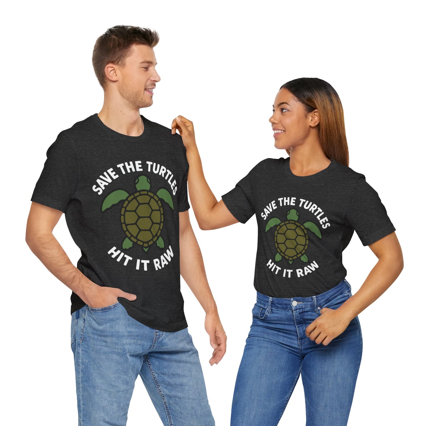 Couple Dark grey heather "Save the Turtles Hit It Raw" bold meme T-shirt