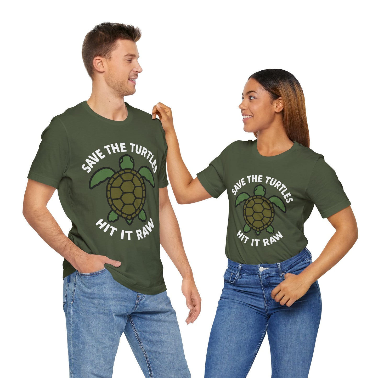 Couple Military green "Save the Turtles Hit It Raw" adult humor tee