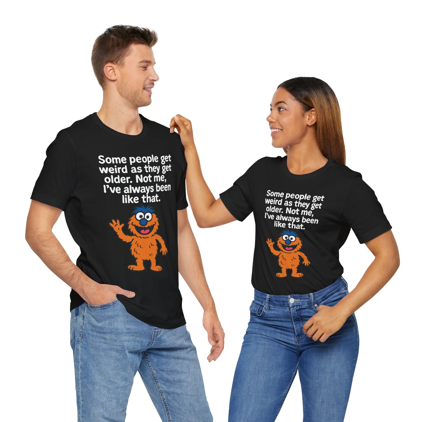 Couple Black "Some People Get Weird" funny monster T-shirt with orange cartoon graphic