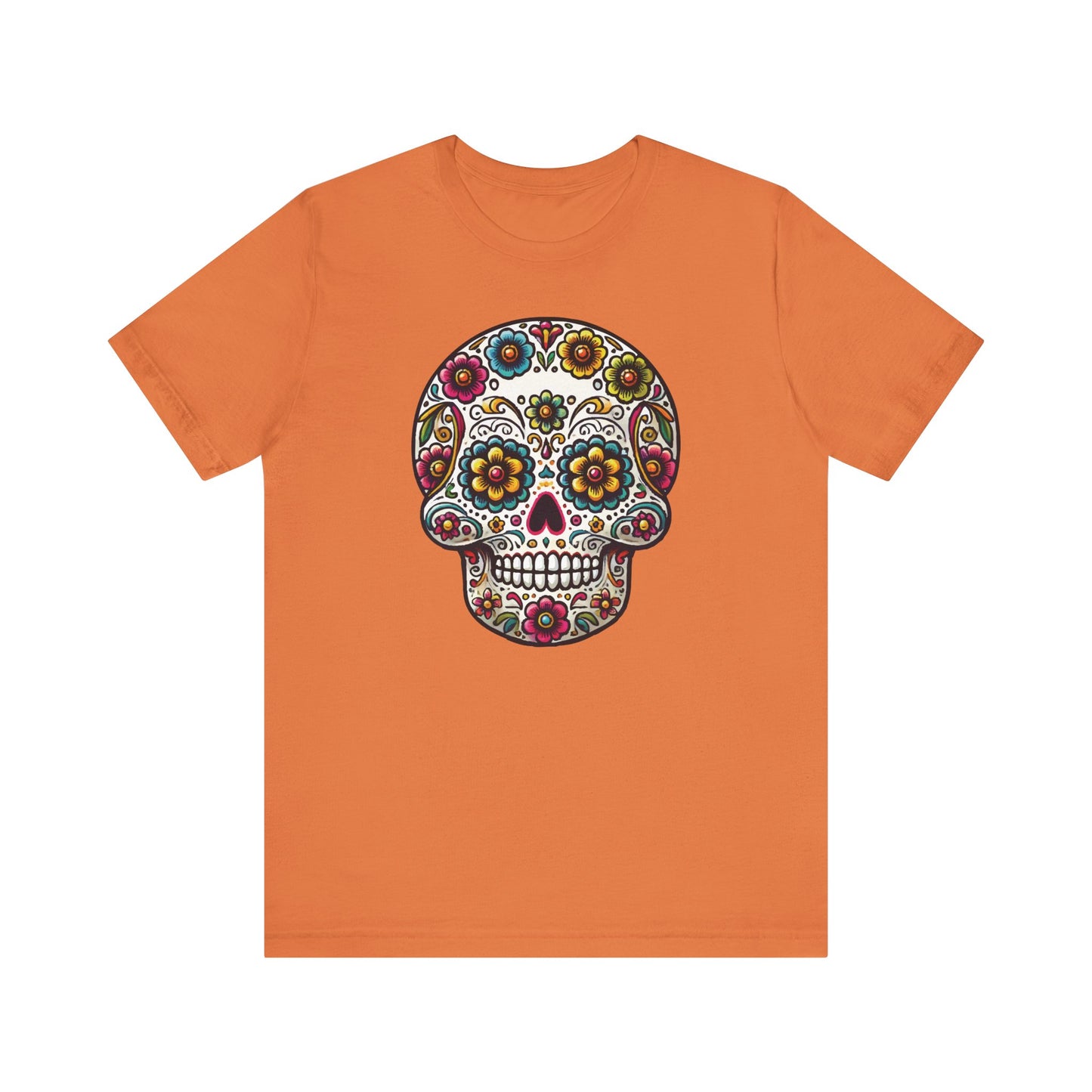 Burnt orange t-shirt with a bold floral sugar skull design filled with rich colors and intricate Mexican folk art patterns.