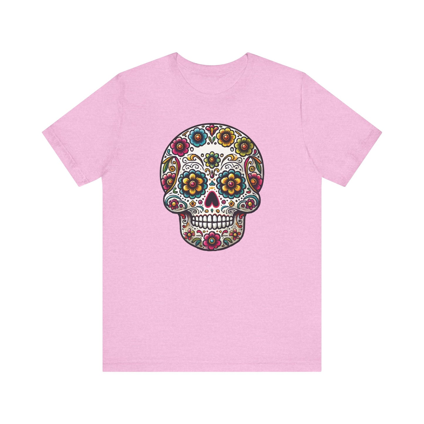 Heather bubble gum pink t-shirt with a detailed sugar skull design full of vibrant floral motifs and colorful folk art styling.