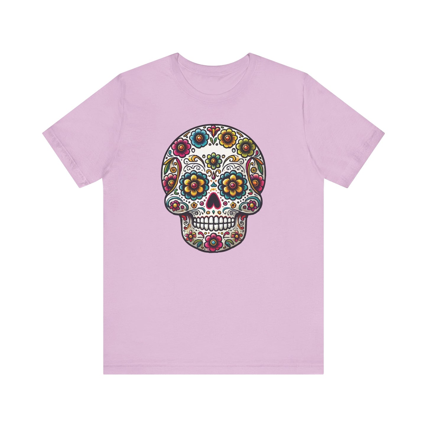 Heather bubble gum pink t-shirt with a detailed sugar skull design full of vibrant floral motifs and colorful folk art styling.