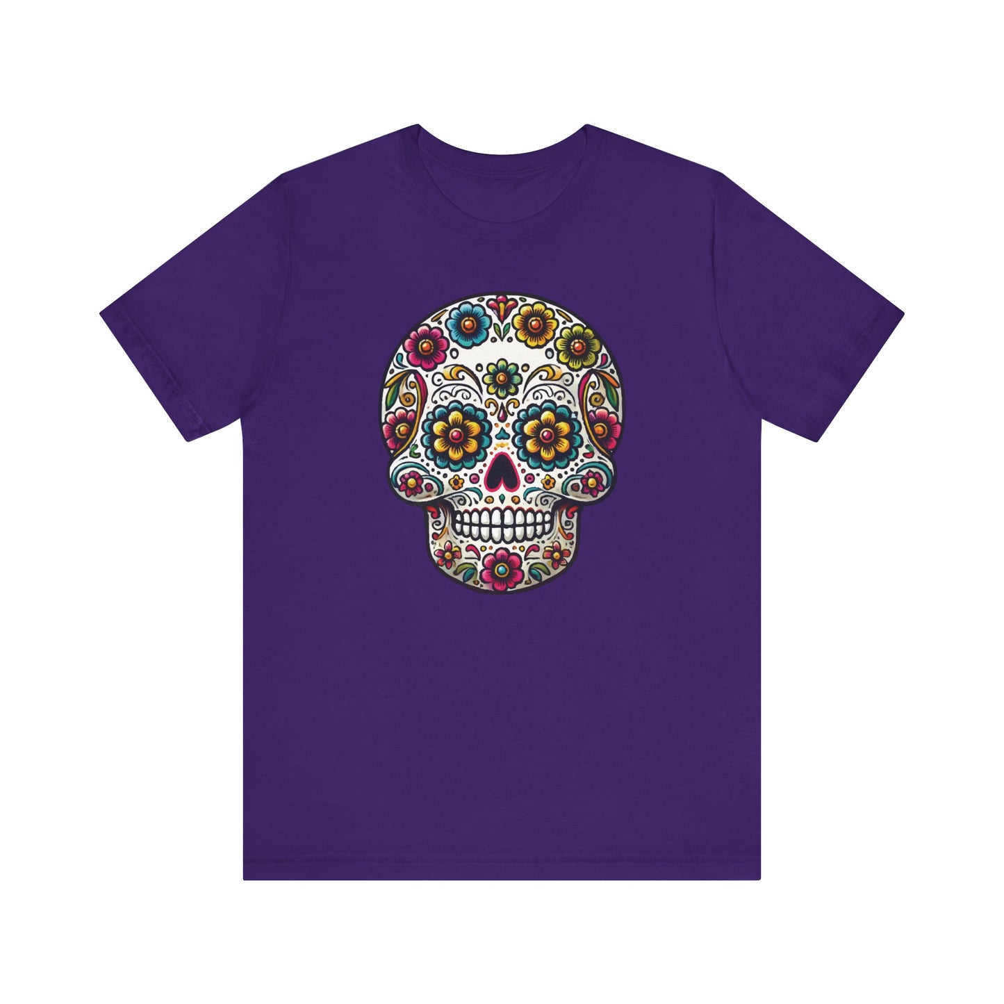 Team purple t-shirt with a traditional sugar skull decorated with bright flowers and intricate swirls, honoring Day of the Dead traditions.