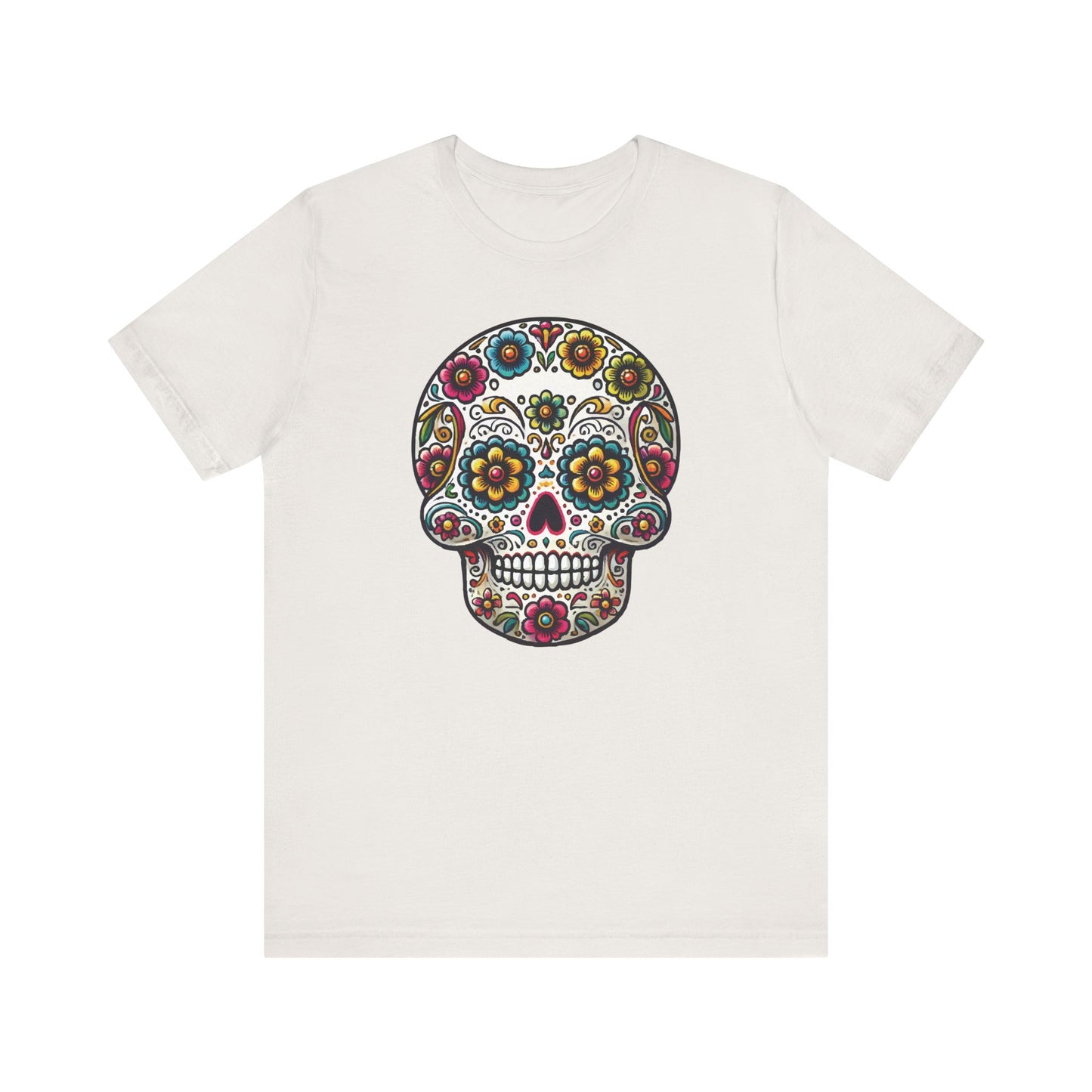 Vintage white t-shirt with a vibrant sugar skull graphic adorned with multicolored floral patterns, inspired by Día de los Muertos.